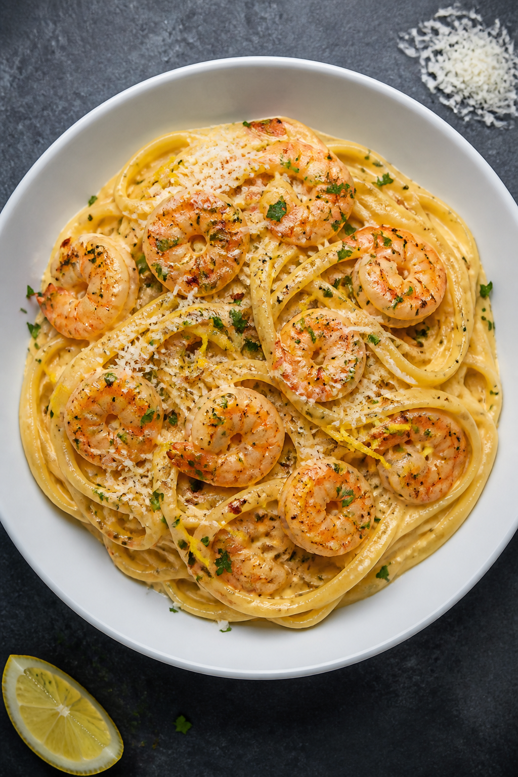 Final plated, top-down: Overhead shot of Million Dollar Creamy Cajun Shrimp Pasta—fettuccine coate