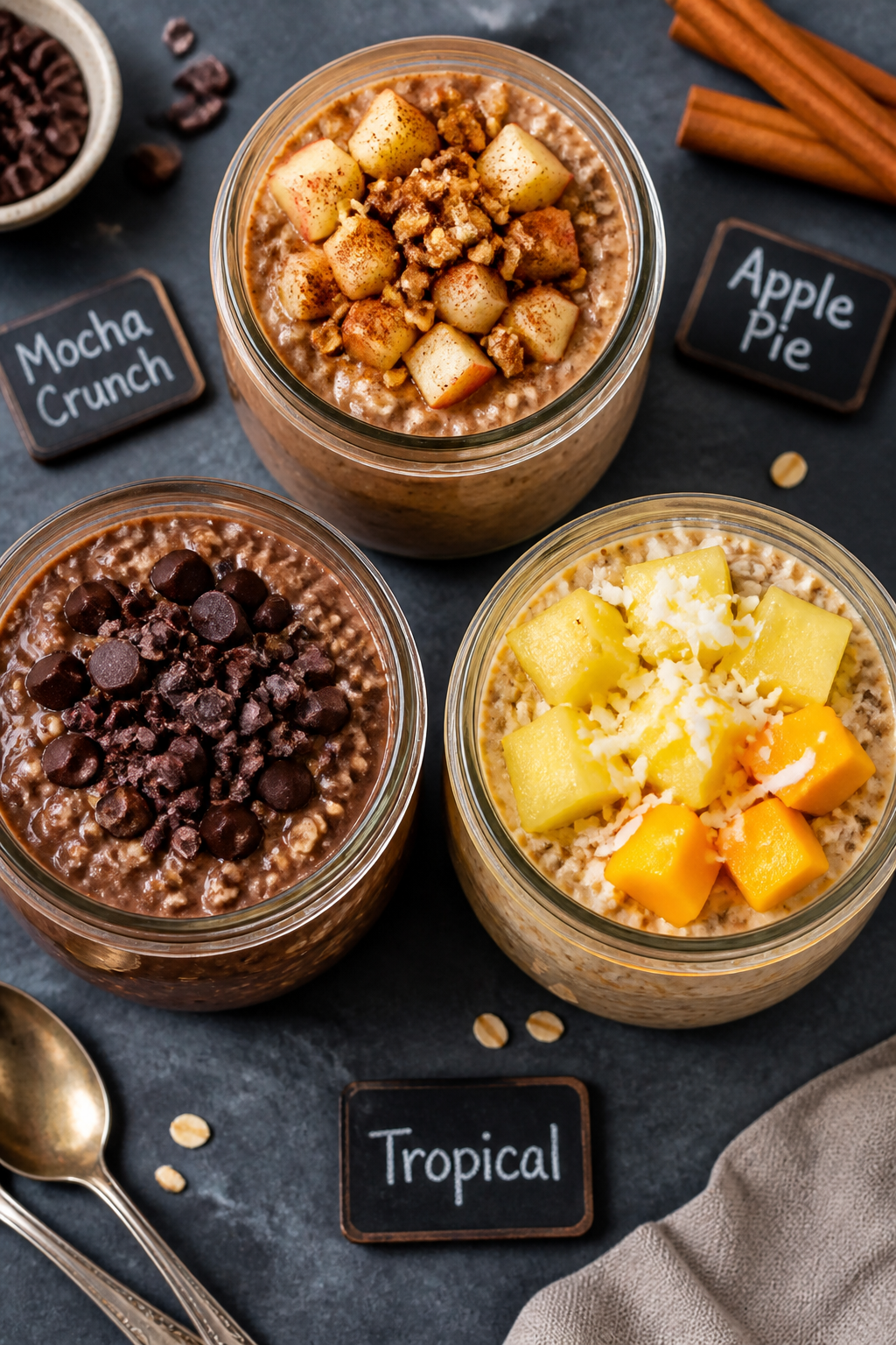 Final plated trio showcasing flavor variety, styled like a meal-prep lineup: Mocha Crunch jar with c
