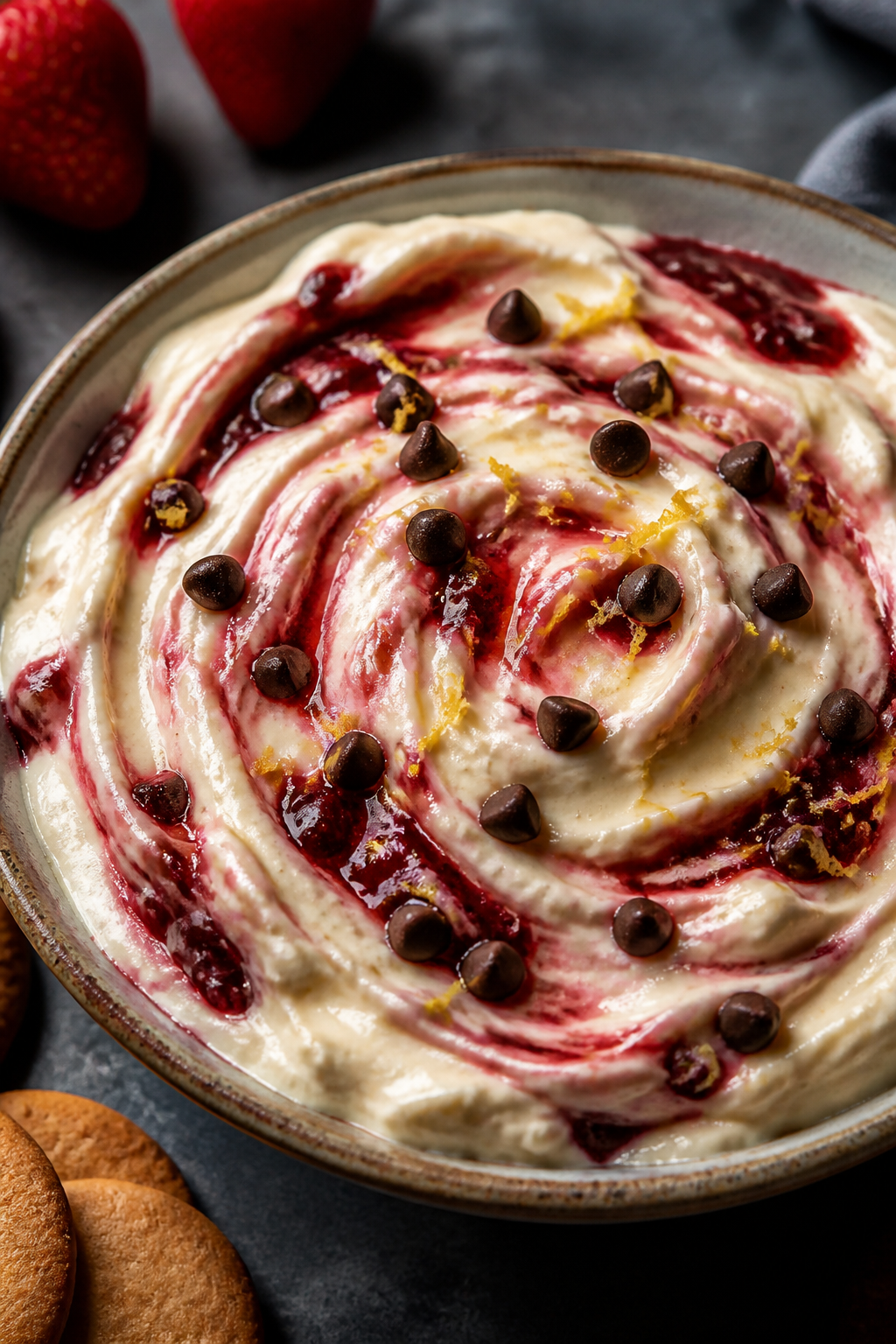 Final plated variation close-up: Strawberry Swirl version of the cheesecake dip in a shallow stonewa