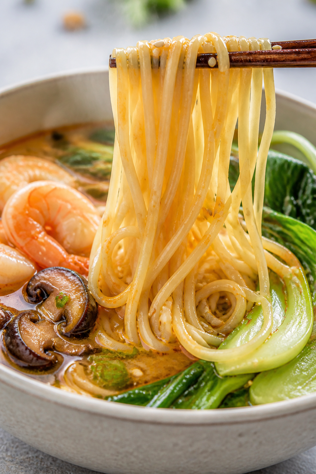 Final presentation detail: Macro close-up of noodles being lifted from the bowl with glossy strands