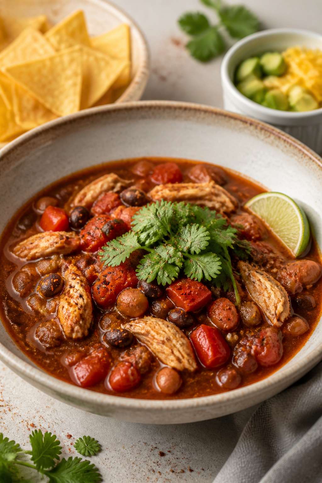 Final presentation hero: restaurant-quality plated chicken chili in a wide, shallow ceramic bowl, me