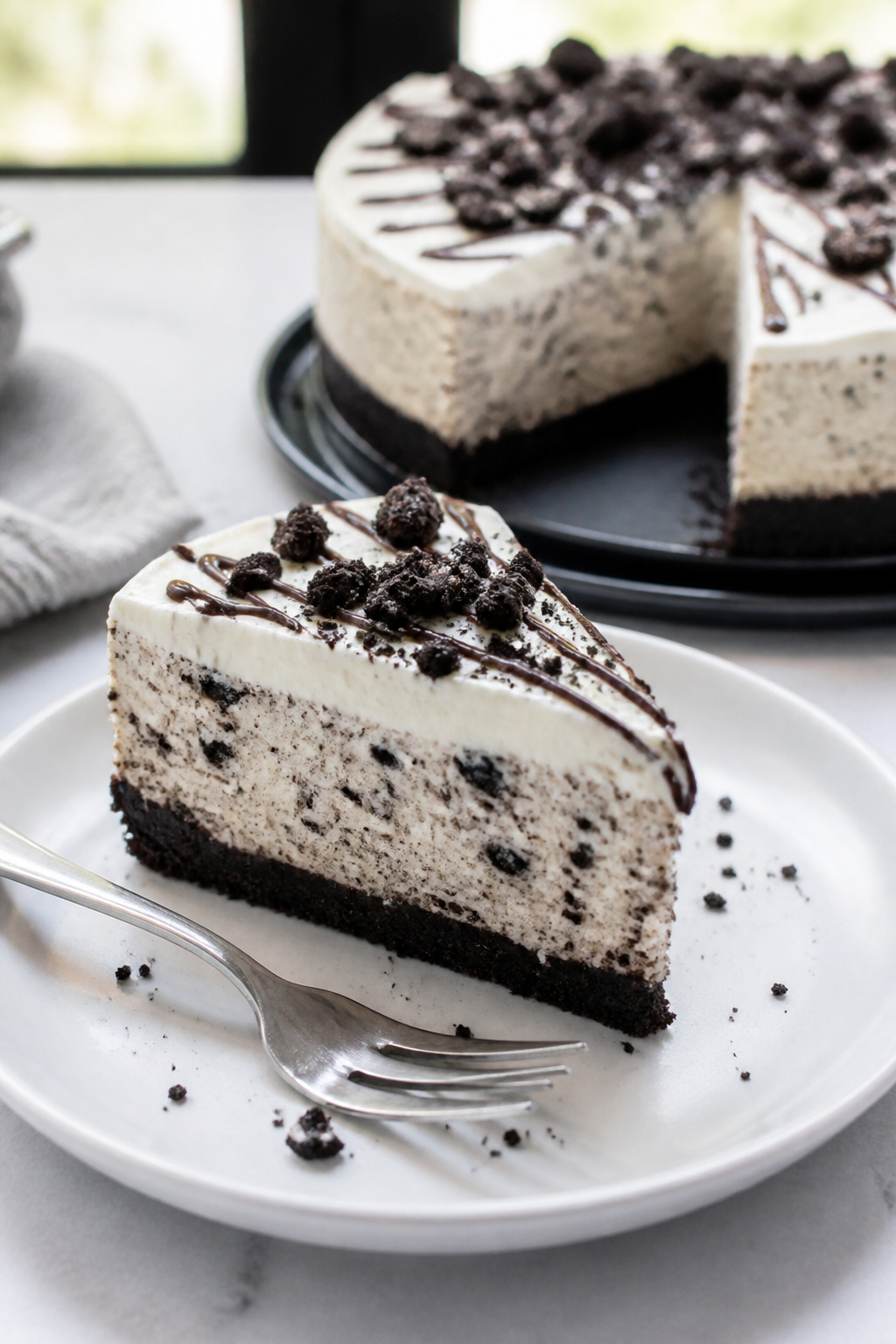 Final presentation: Restaurant-quality plated dessert—one perfect wedge of High Protein Oreo Chees