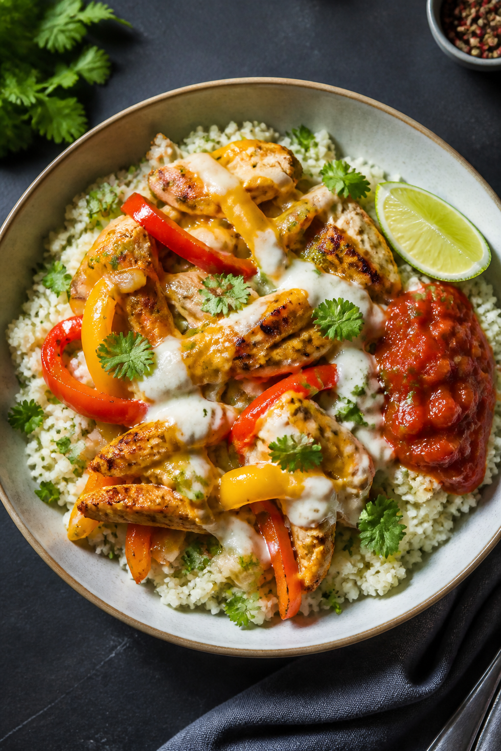 Final presentation: Restaurant-quality plated serving of the chicken fajita casserole in a wide shal
