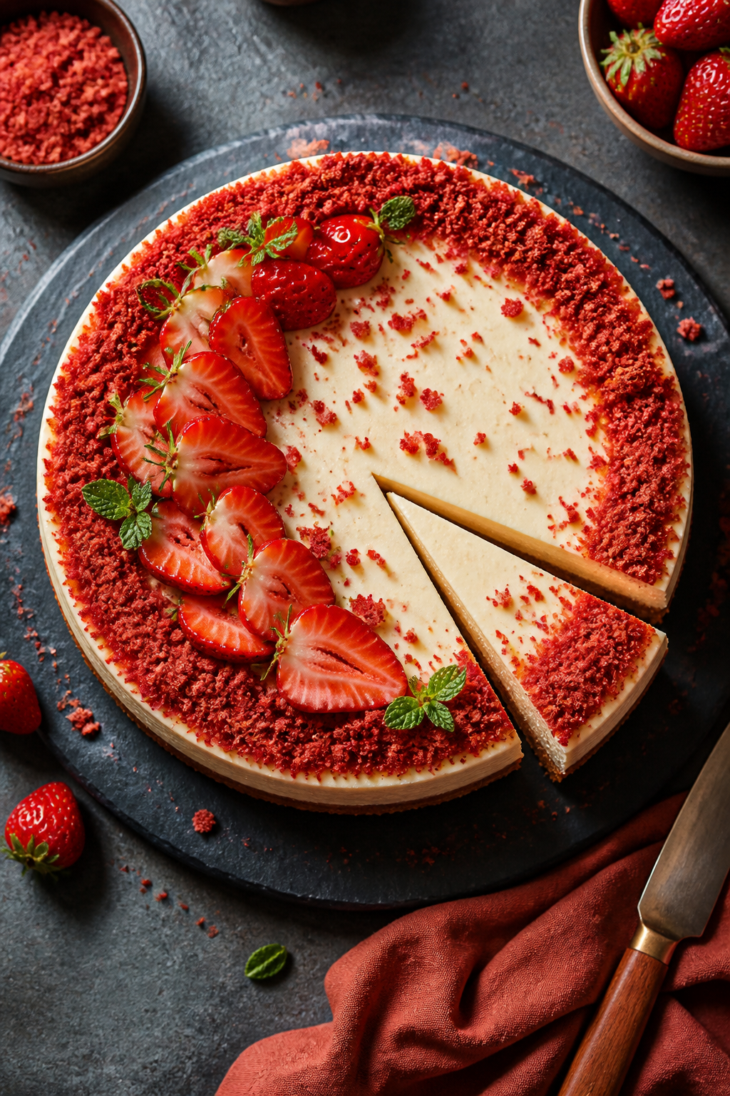 Final presentation, top view: Restaurant-quality overhead of the fully chilled cheesecake, released 