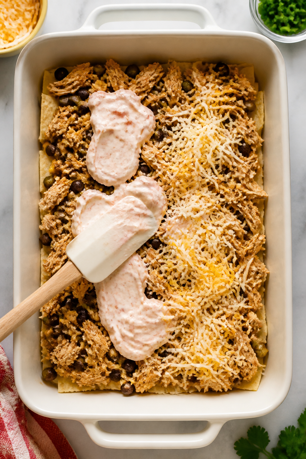 Layering detail shot: Overhead, mid-assembly of the chicken taco casserole in a 9x13 baking dish—n