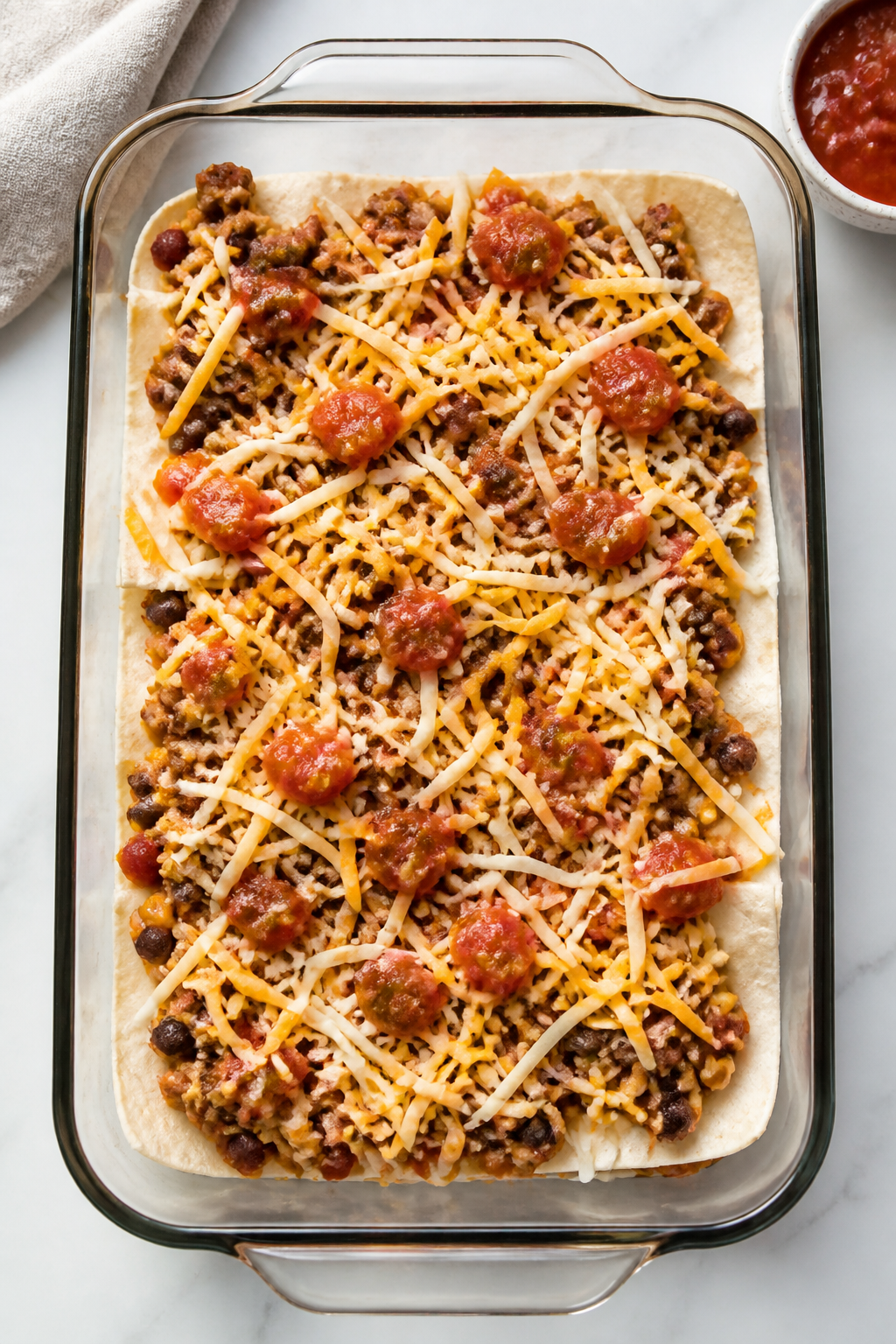 Layering shot, overhead: Overhead shot of the casserole mid-assembly in a 9x13 baking dish—neatly 