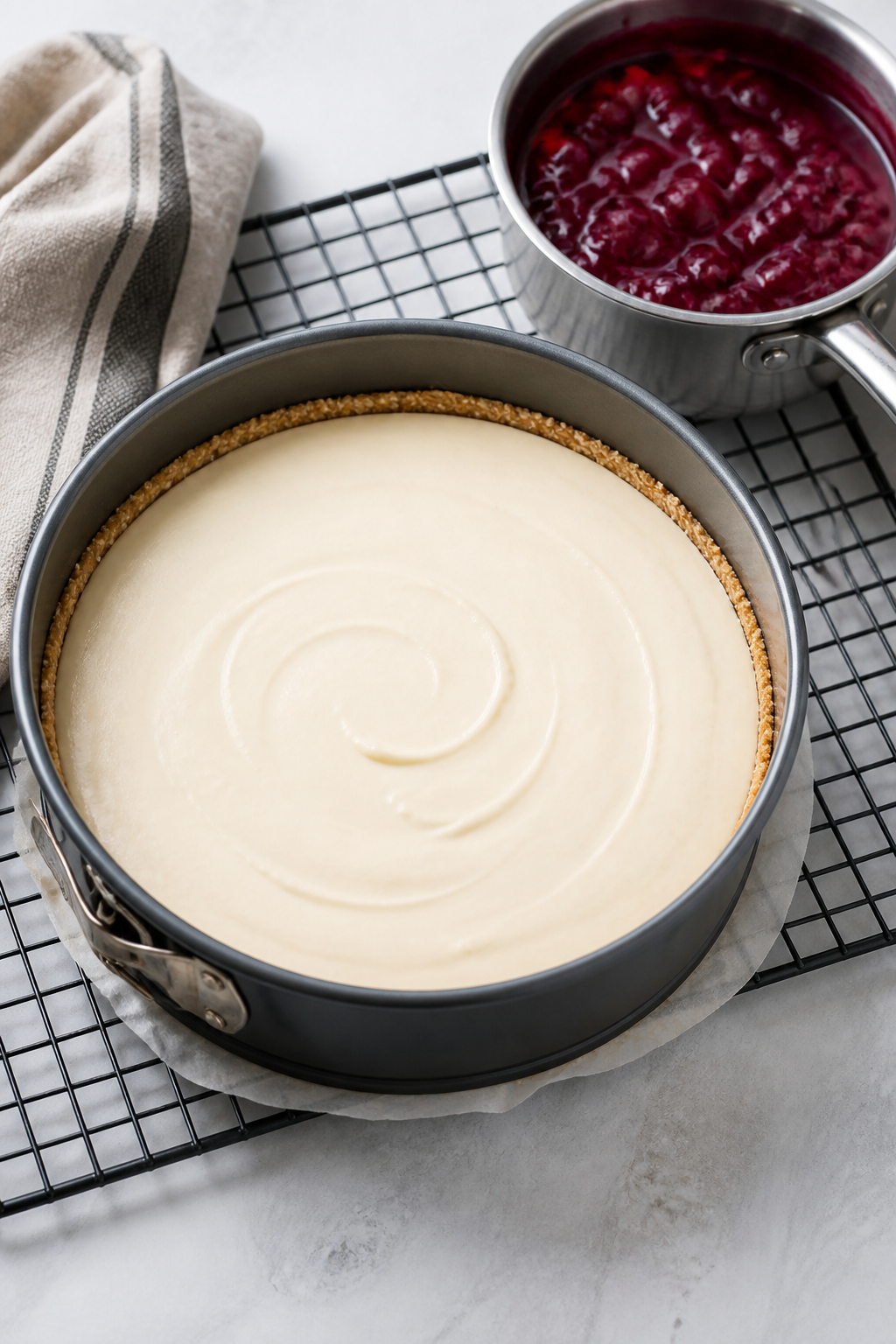 Overhead cooking process shot: Cheesecake batter in a 9-inch springform pan right after tapping to r