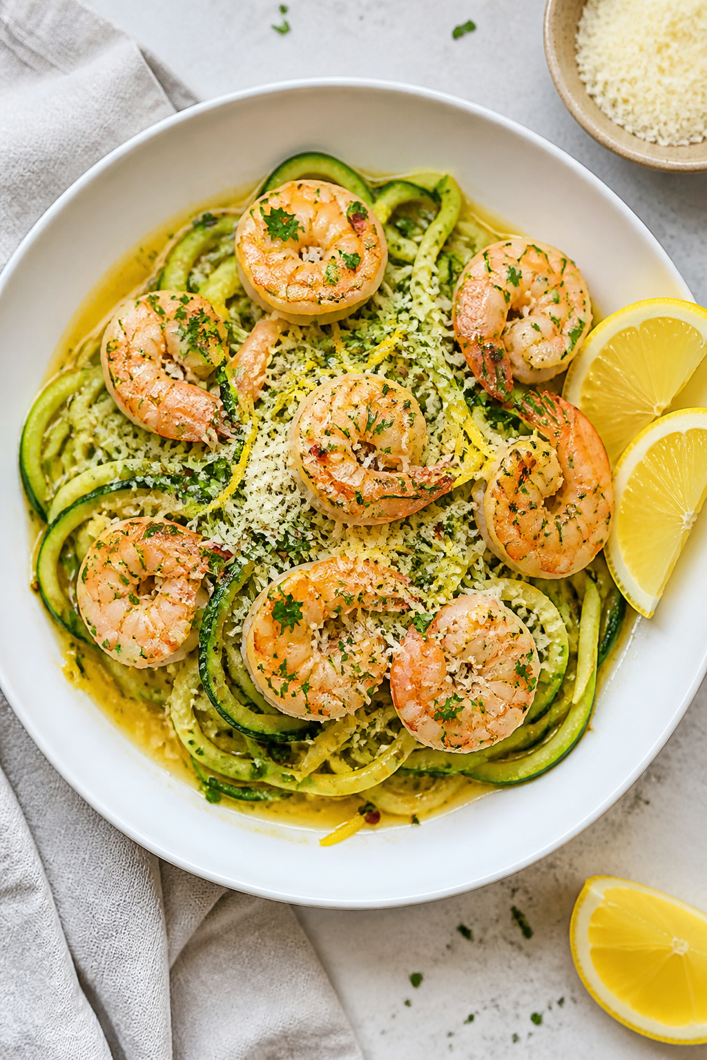 Overhead final dish shot: High Protein Shrimp Scampi with Zucchini Noodles beautifully plated in a s