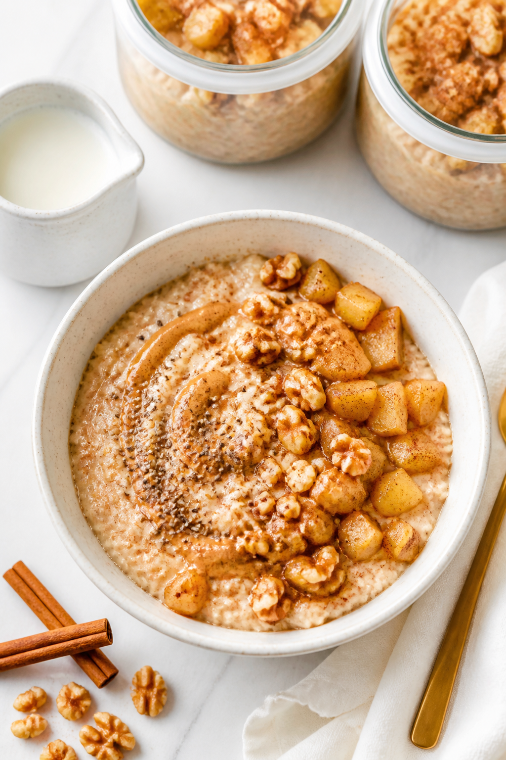 Overhead final presentation, meal-prep friendly: Top-down image of a beautifully plated bowl of appl
