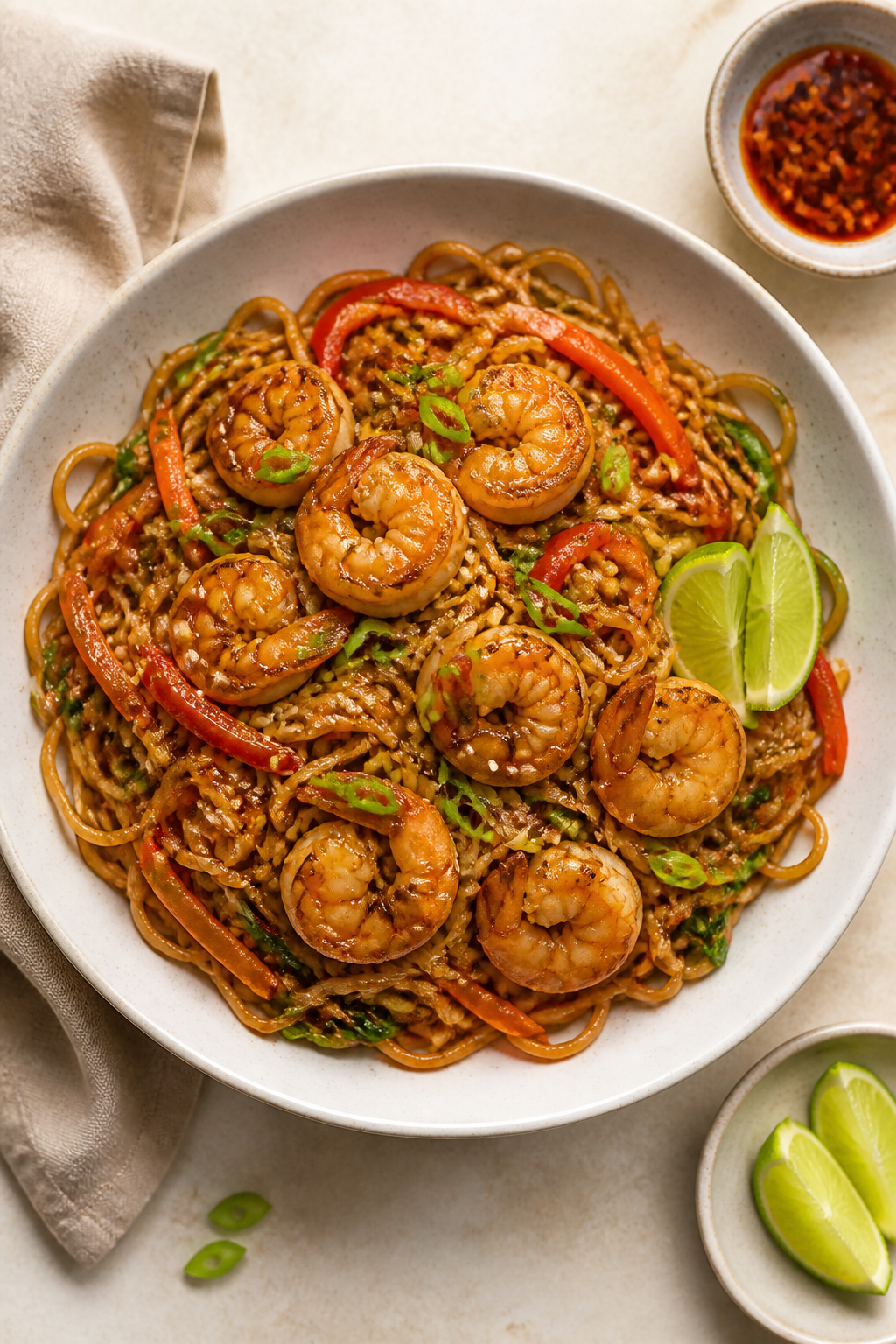Overhead final presentation: Restaurant-quality plated Protein Packed Shrimp Lo Mein in a wide, shal