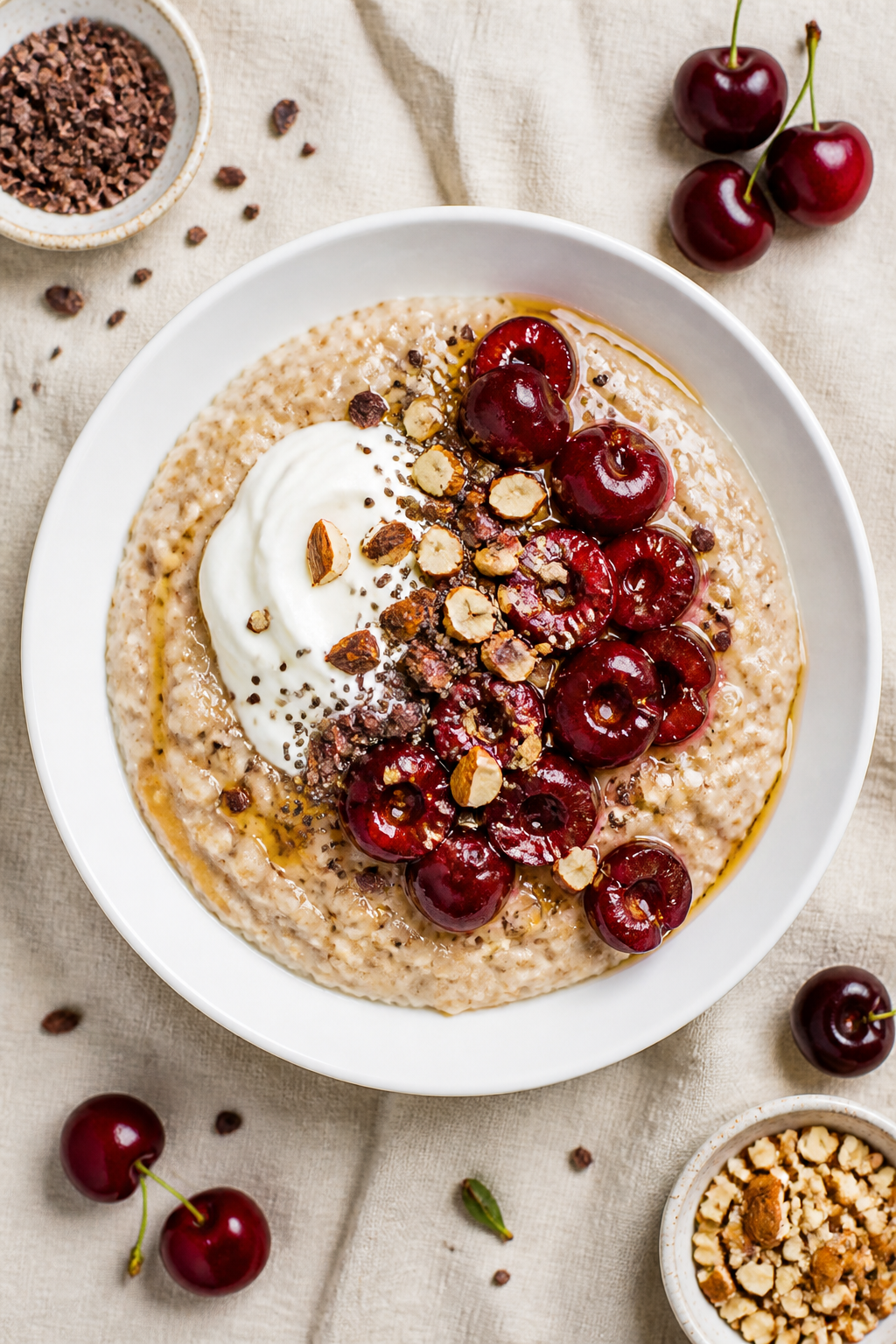 Overhead final presentation: Tidy top-down shot of Cherry Vanilla Protein Oatmeal in a wide white bo