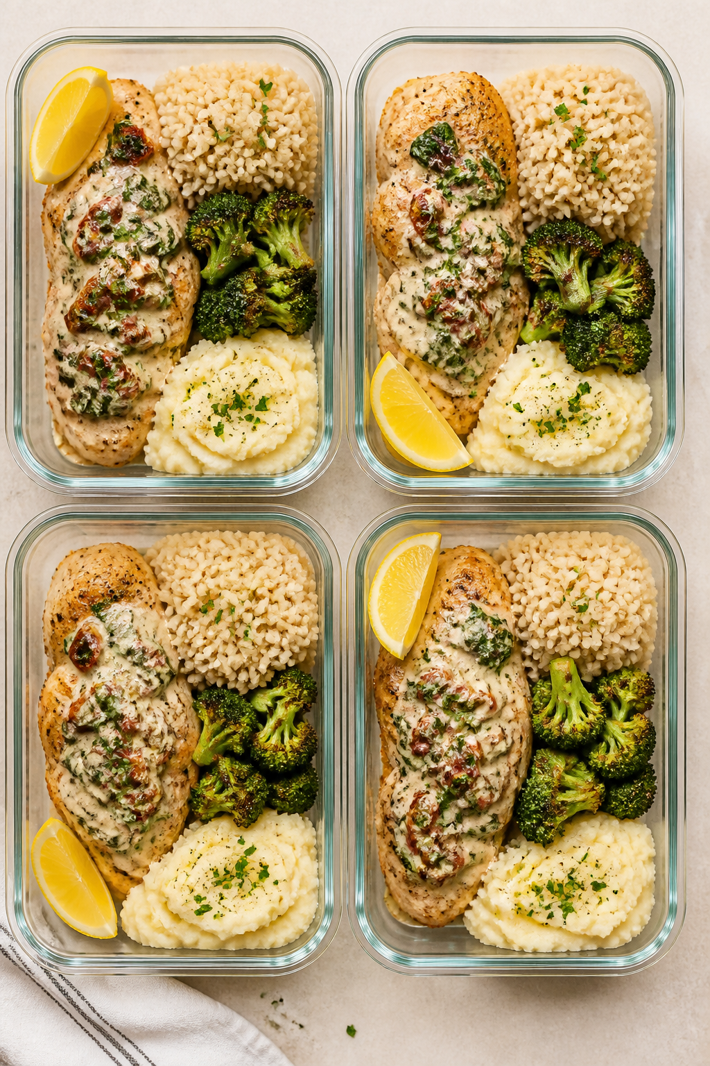 Overhead meal-prep scene: of four glass meal-prep containers neatly portioned—one with chicken cut