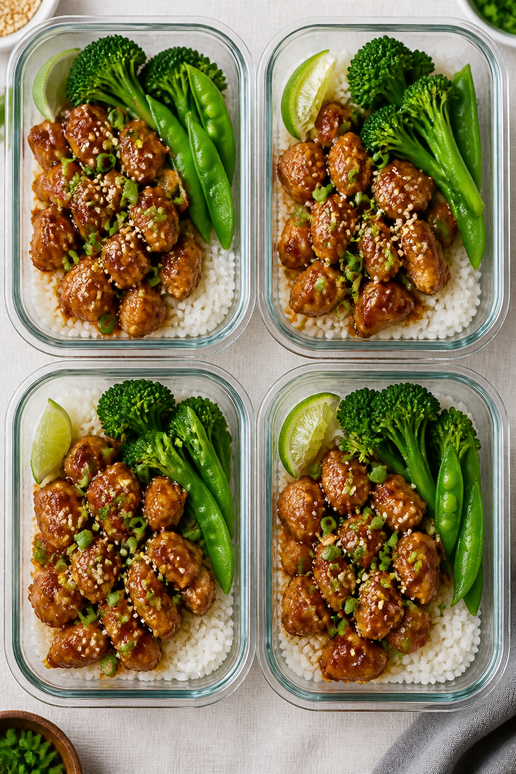 Overhead “meal prep” top view: Four neatly arranged glass containers filled with fluffy jasmine 