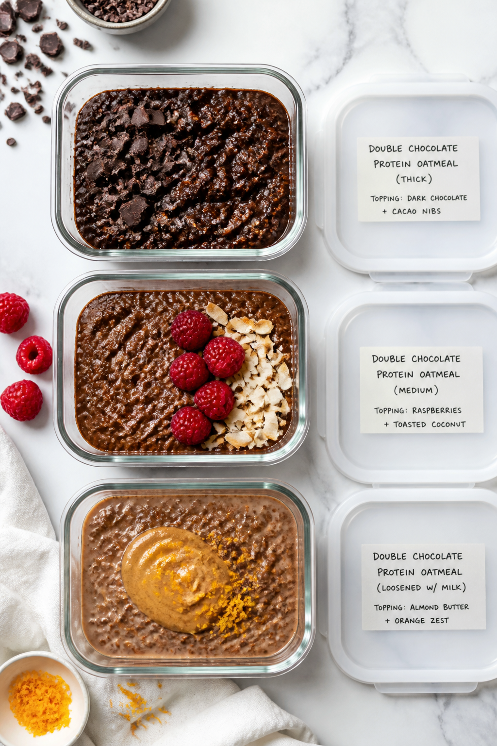 Overhead meal-prep/top view: Tasty top-down shot of three portioned containers filled with double ch