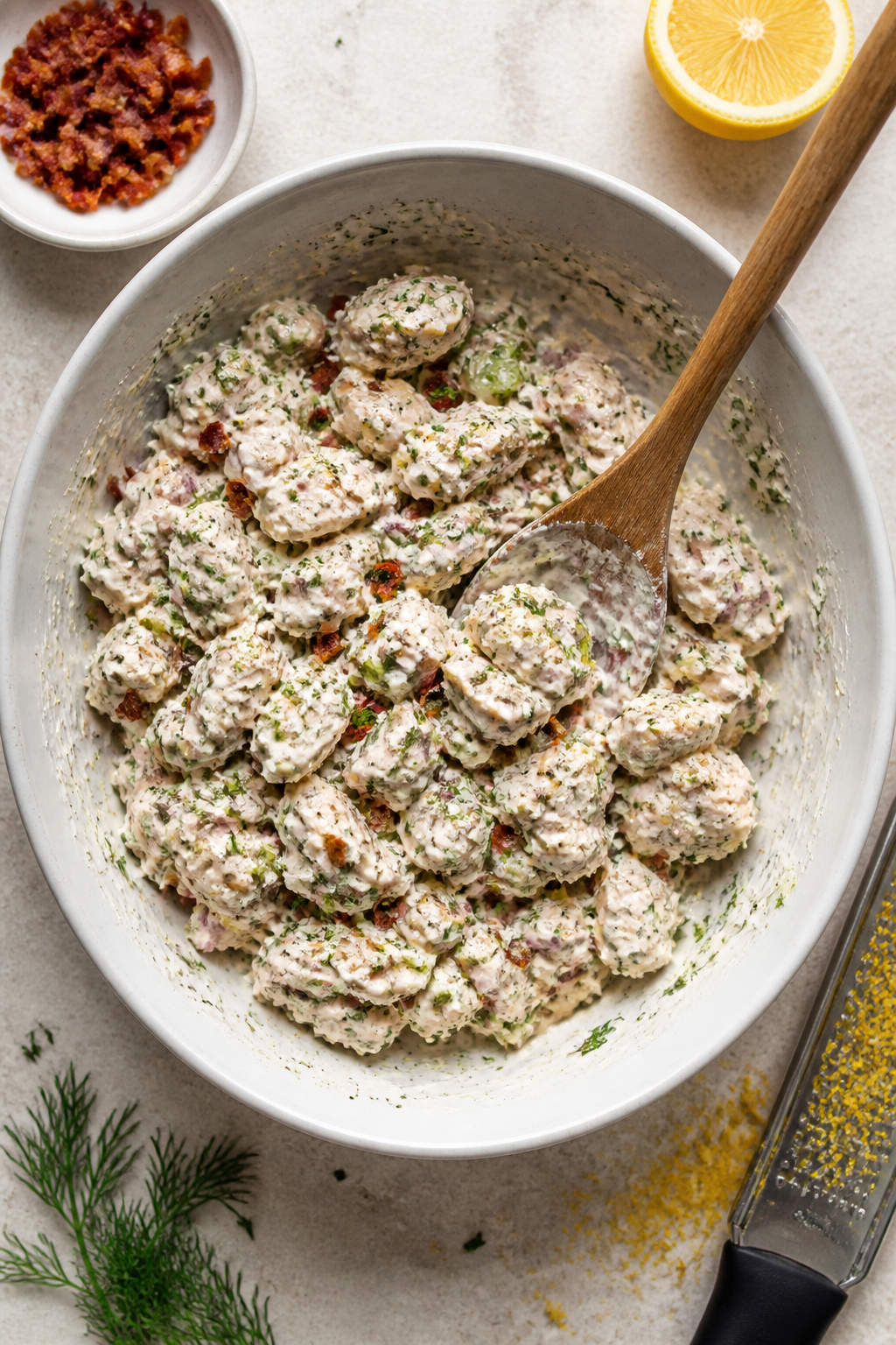 Overhead “mix and fold” moment: Large bowl of creamy Greek yogurt dressing whisked with Dijon, l