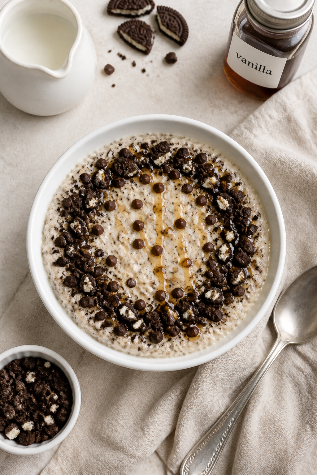 Overhead, plated breakfast scene: Top-down shot of a beautifully styled bowl of Cookies & Cream Prot
