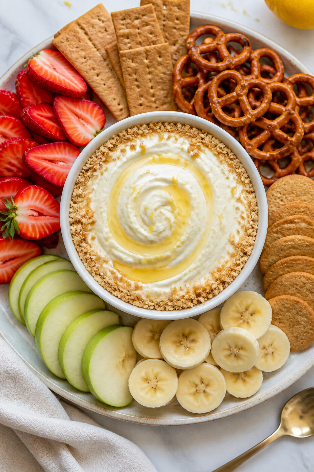 Overhead “serve and dip” scene: Tasty top view of the finished high-protein cheesecake dip swirl