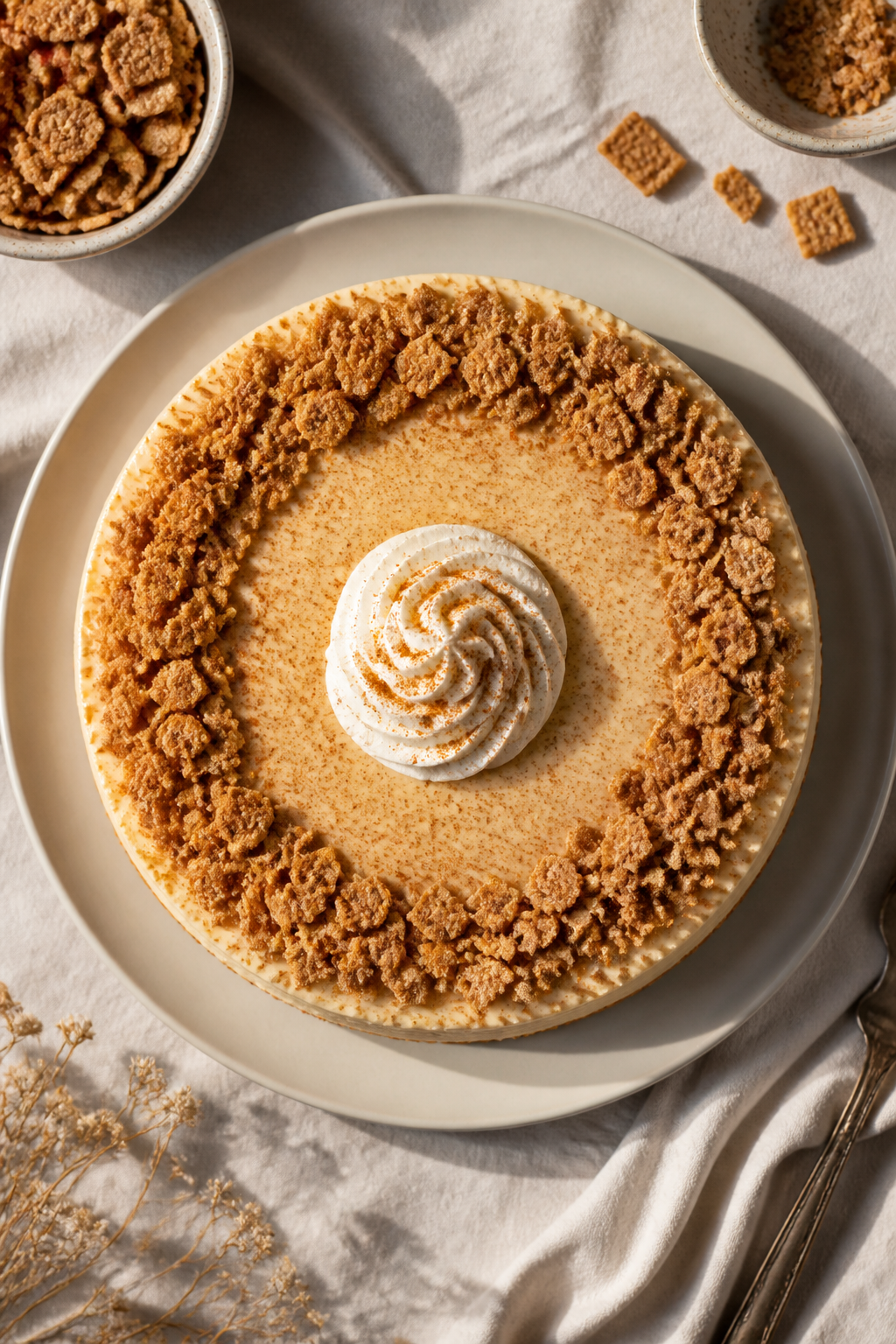 Overhead shot of the fully set High Protein Cinnamon Toast Crunch Cheesecake just after release from