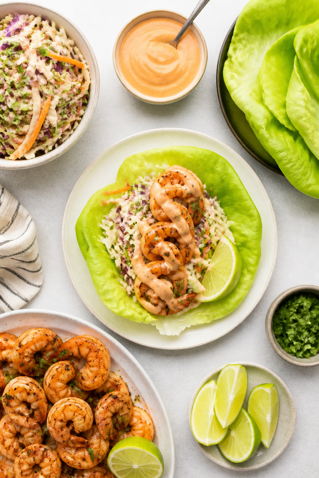 Overhead tasty top view: A top-down scene of a build-your-own shrimp taco lettuce wrap spread—sepa