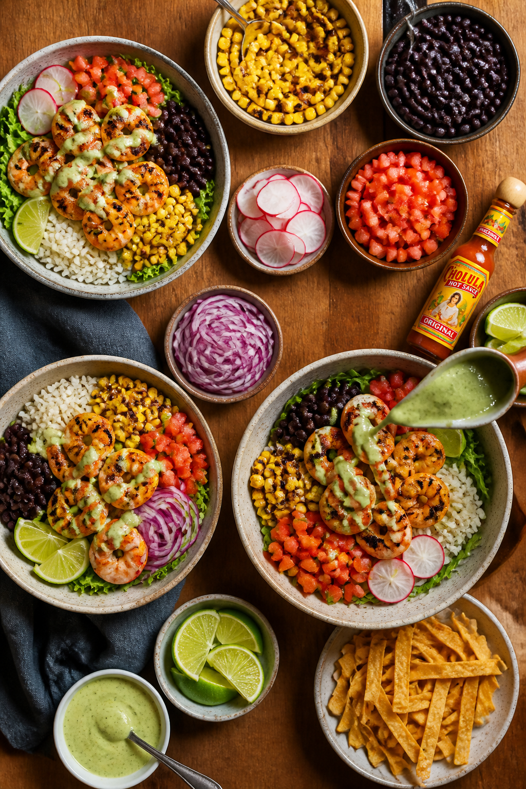 Overhead “tasty top view” assembly: Build-your-own taco bowl spread viewed from above—three pa