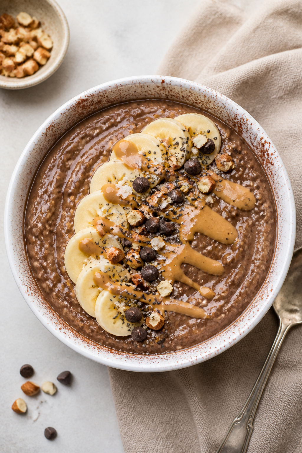 Overhead “tasty top view”: Final bowl of Chocolate Banana Protein Oatmeal in a wide white cerami