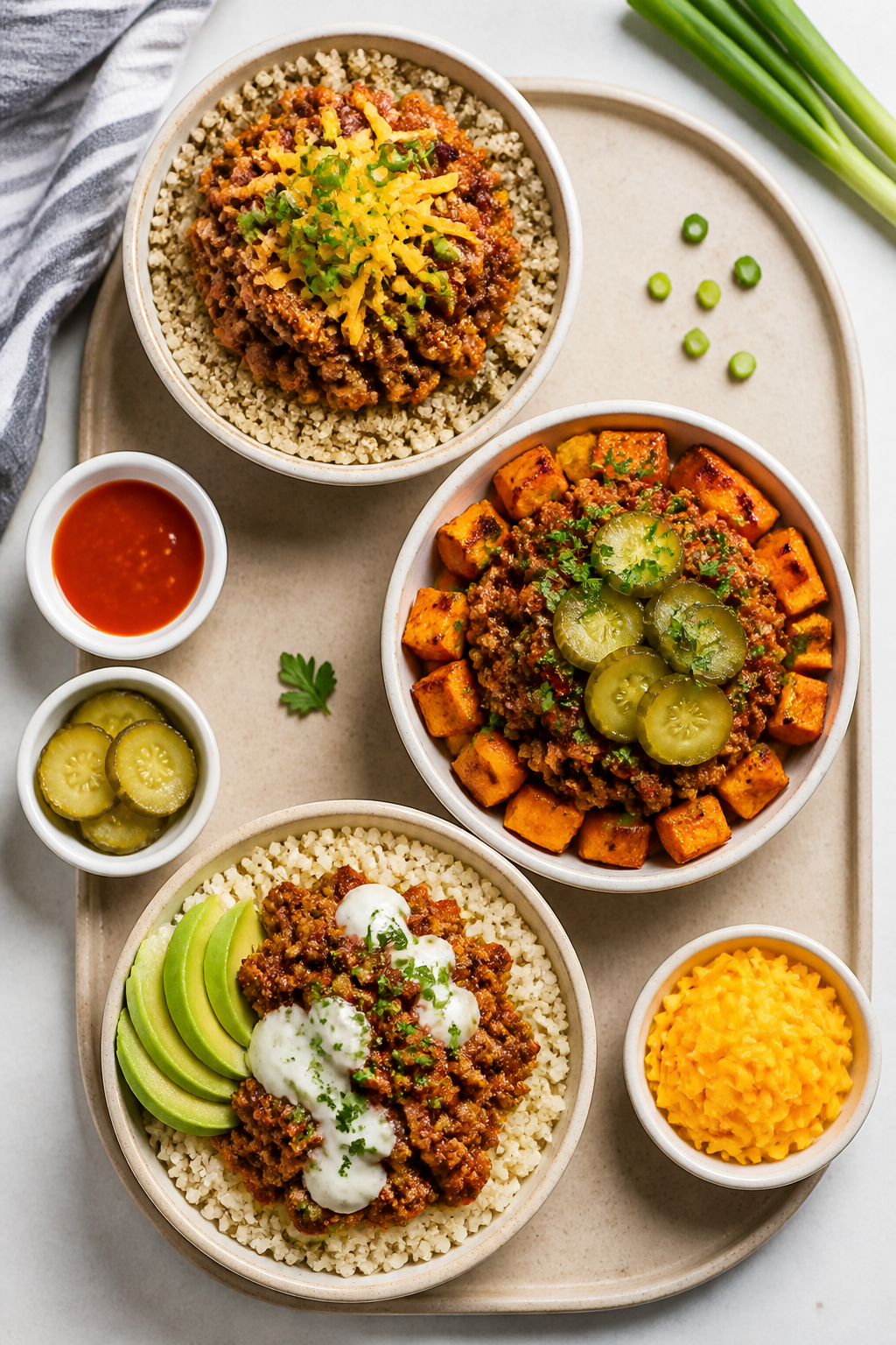Overhead “tasty top view” meal-prep spread: Top-down shot of three assembled variations on a neu