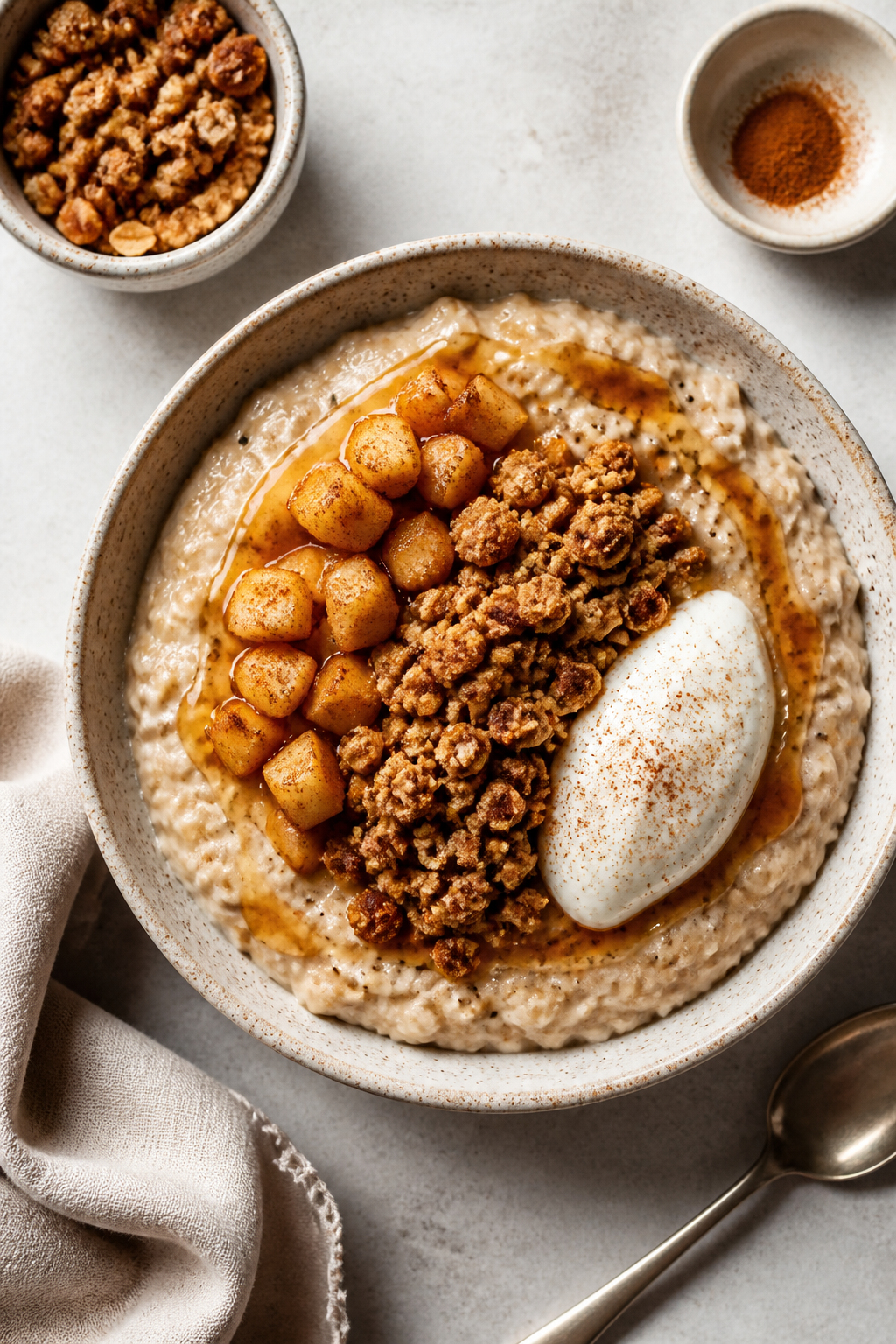 Overhead “tasty top view” meal-prep vibe: Top-down shot of a thick, creamy bowl of protein oatme