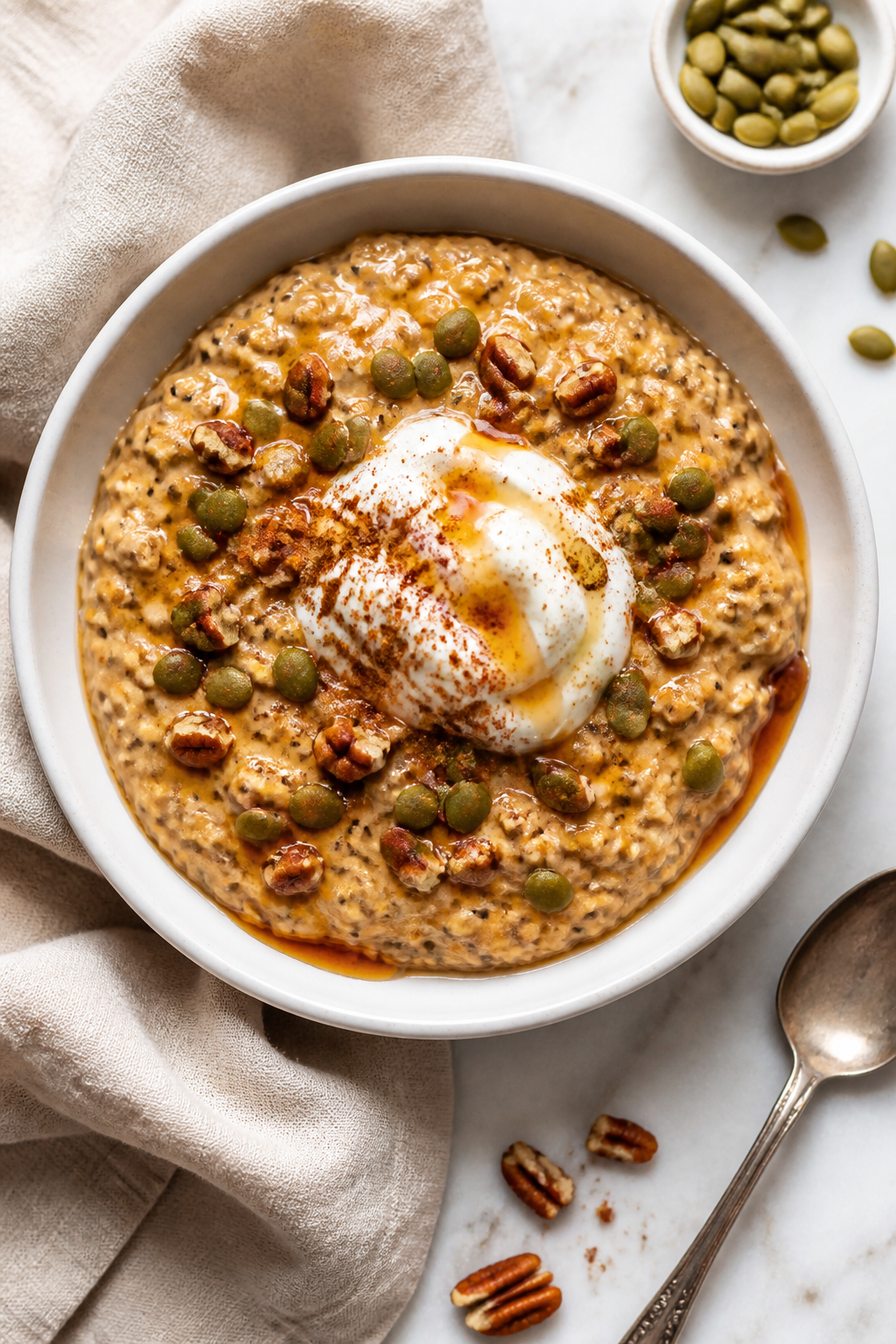 Overhead “tasty top view” of a finished serving of Pumpkin Spice High Protein Overnight Oats in 