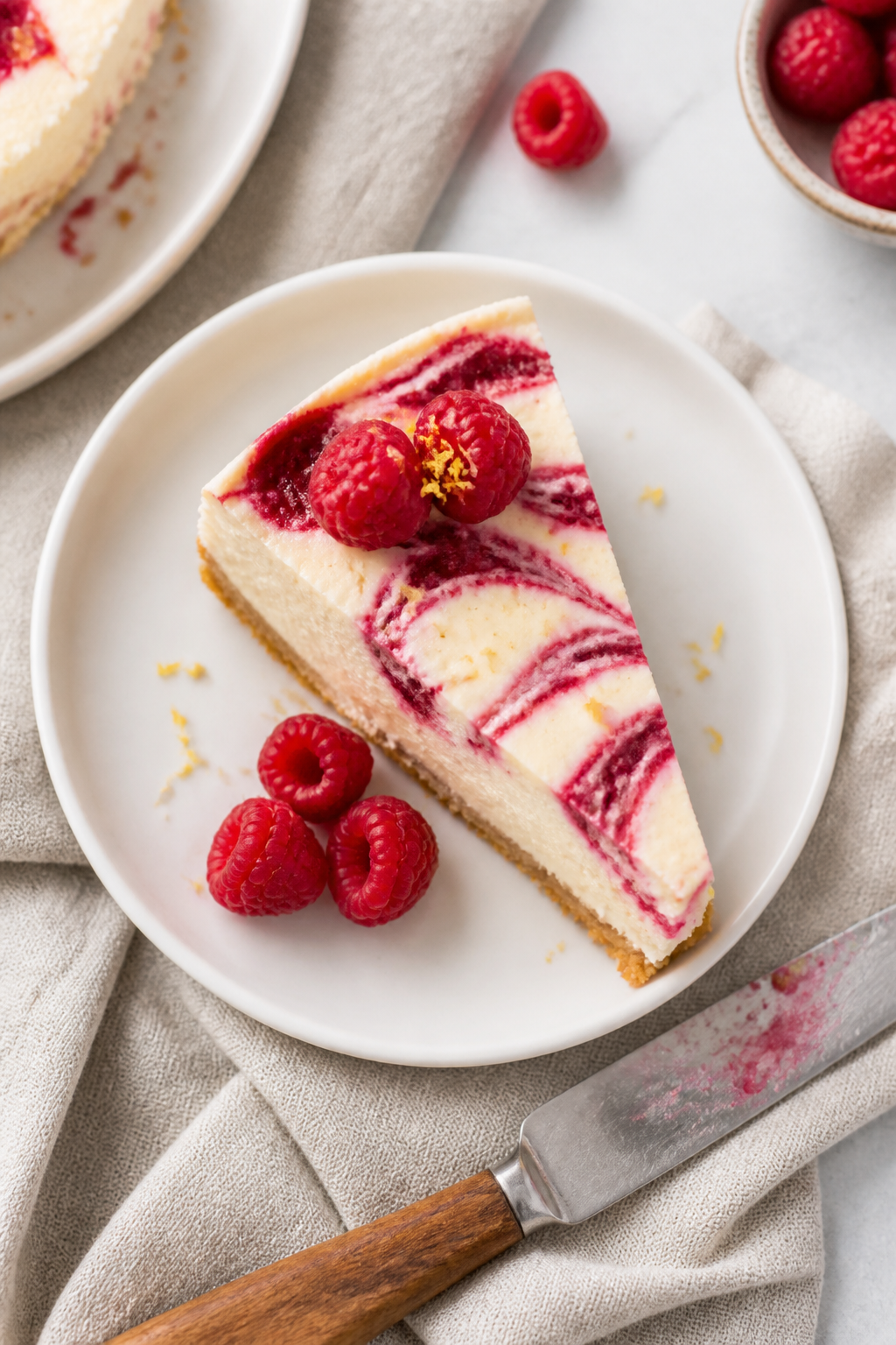Overhead “tasty top view” of a single neat wedge of High Protein Raspberry Swirl Cheesecake on a