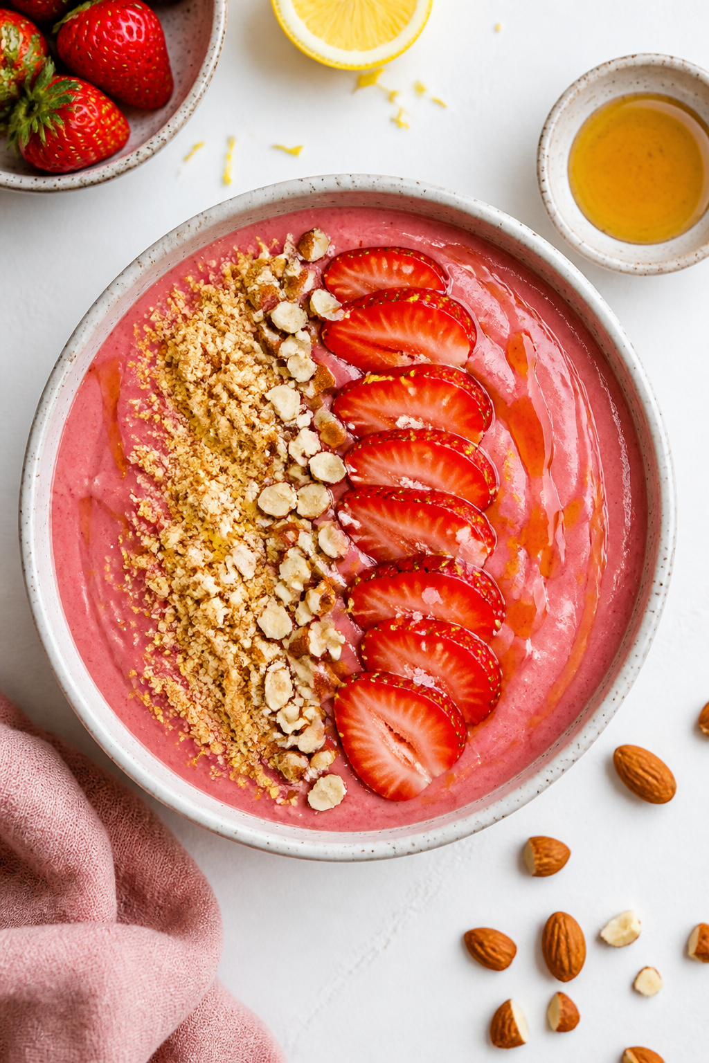 Overhead “tasty top view” of a Strawberry Cheesecake Smoothie Bowl: deep-rose pink base smoothed