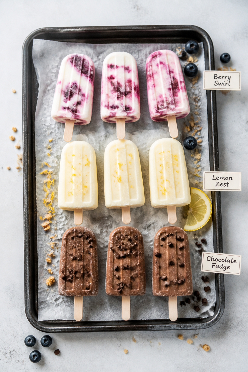 Overhead “tasty top view” of a tray of finished High Protein Cheesecake Popsicles in multiple va