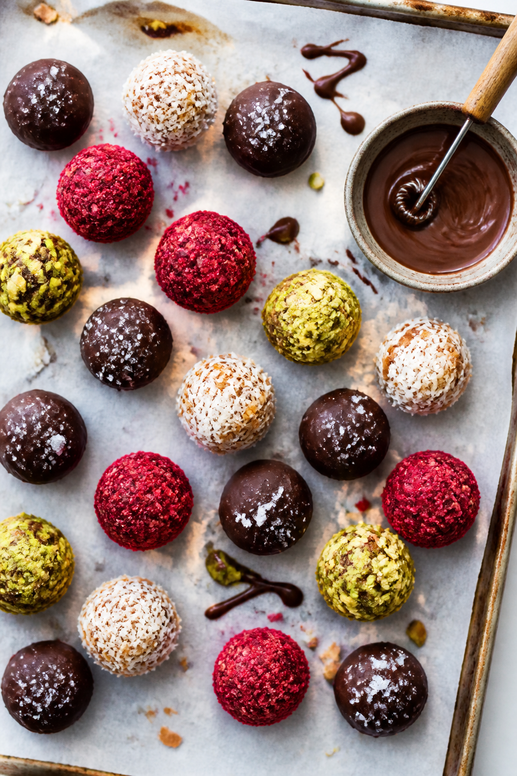 Overhead “tasty top view” of an assortment of finished cheesecake truffles on a parchment-lined 
