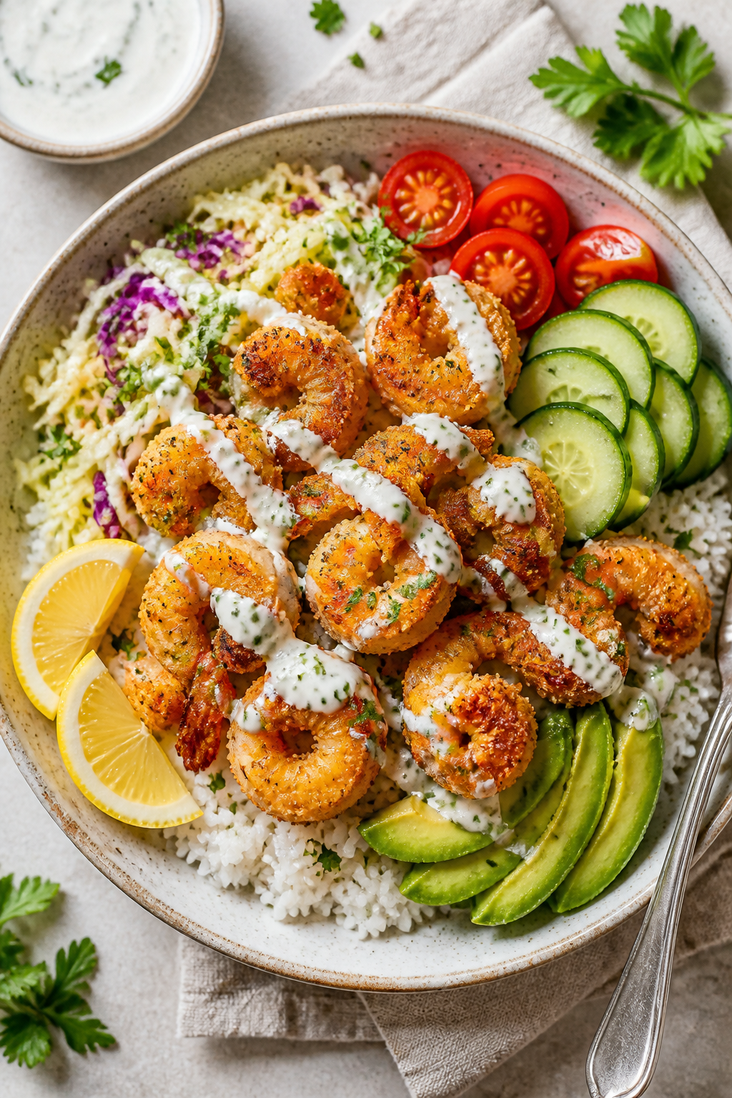 Overhead “tasty top view” of assembled Crispy Parmesan Crusted Shrimp Bowl: warm jasmine rice ba