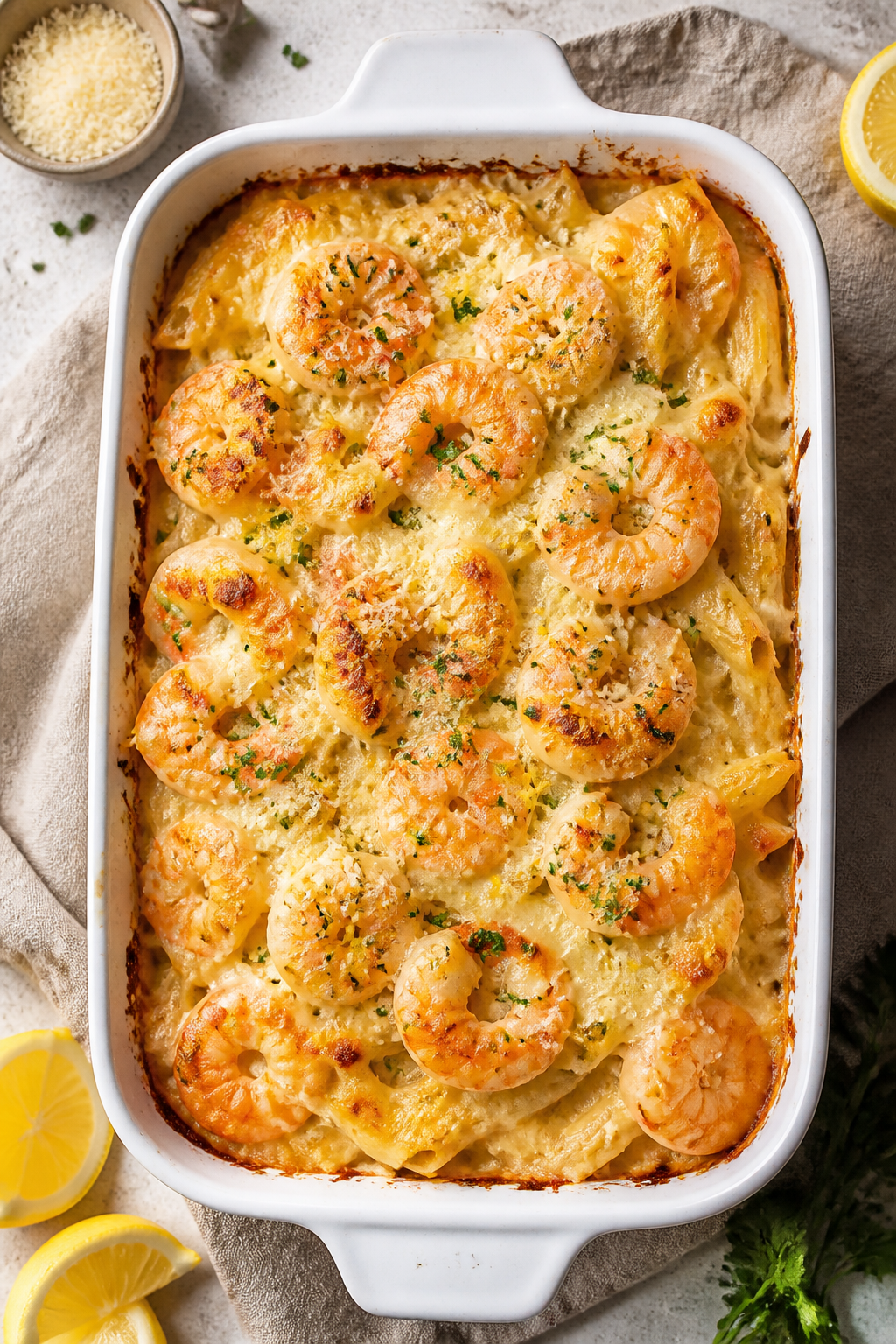 Overhead “tasty top view” of the assembled Shrimp Alfredo Bake fresh from the oven: bubbling edg