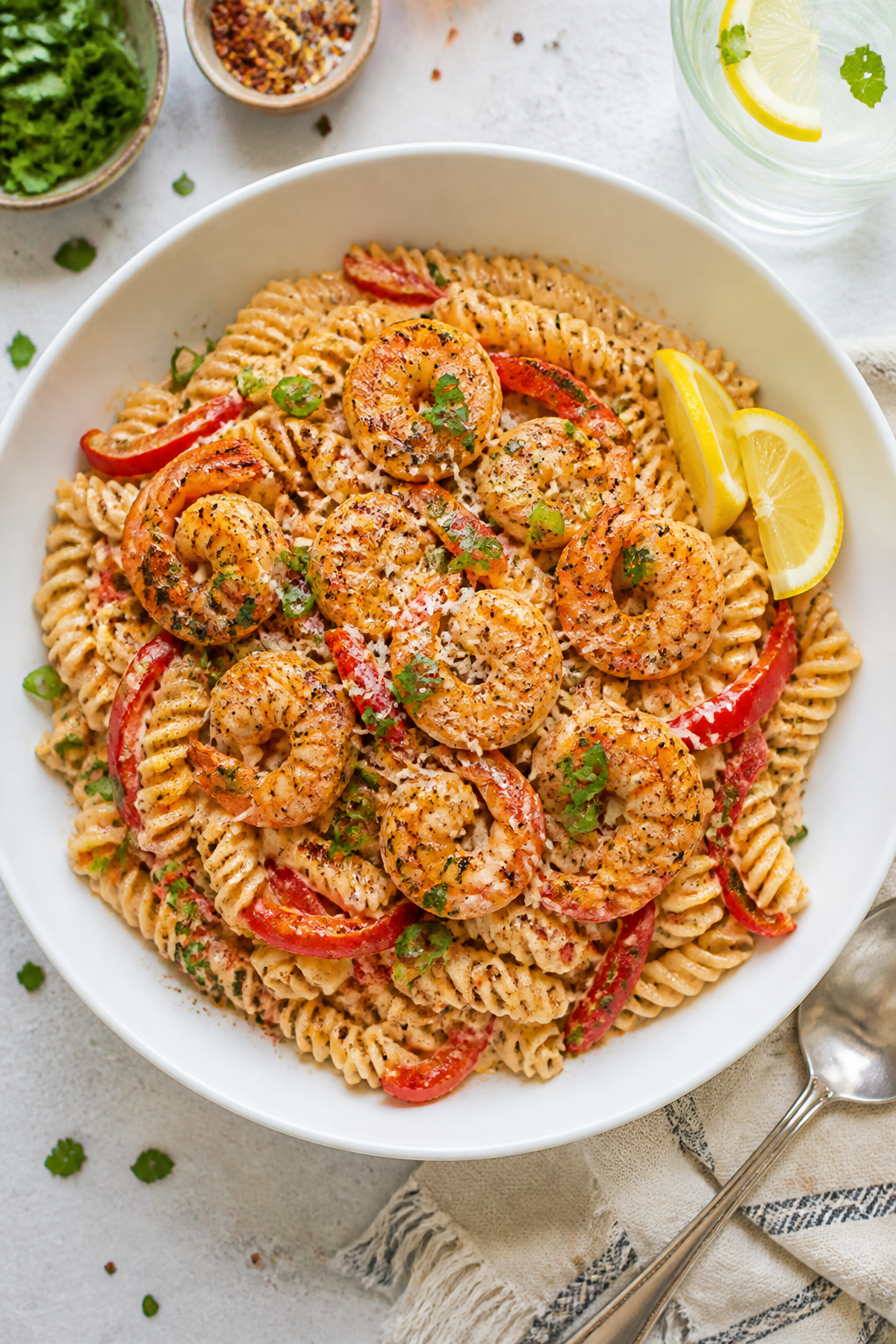 Overhead “tasty top view” of the final Creamy Cajun Shrimp Protein Pasta plated in a wide white 
