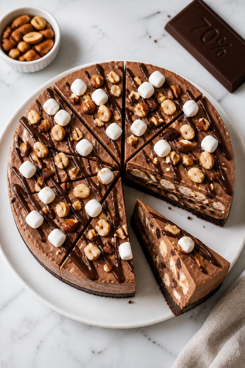 Overhead ātasty top viewā of the fully chilled High Protein Rocky Road Cheesecake on a simple wh