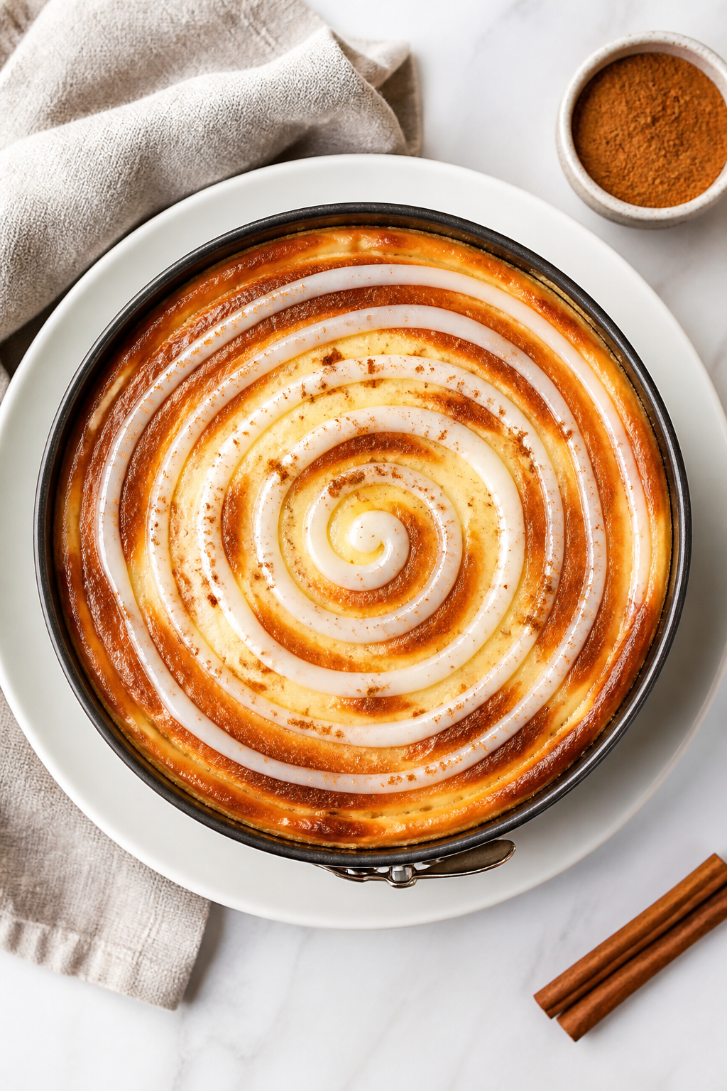 Overhead “tasty top view” of the fully chilled and glazed cheesecake before slicing: precise spi