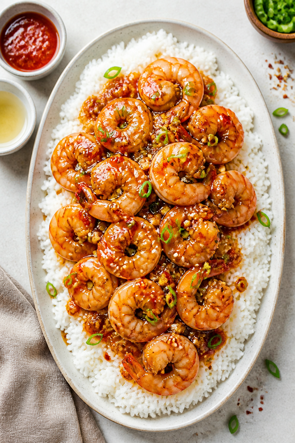 Overhead tasty top view: Top-down shot of a family-style platter of sticky honey garlic shrimp with 