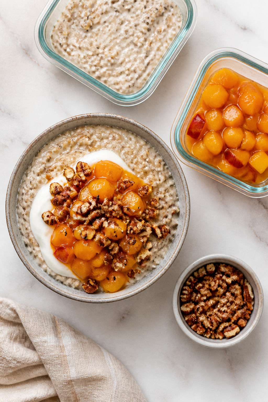 Overhead “tasty top view”: Top-down shot of assembled bowls for meal-prep and serving—one main