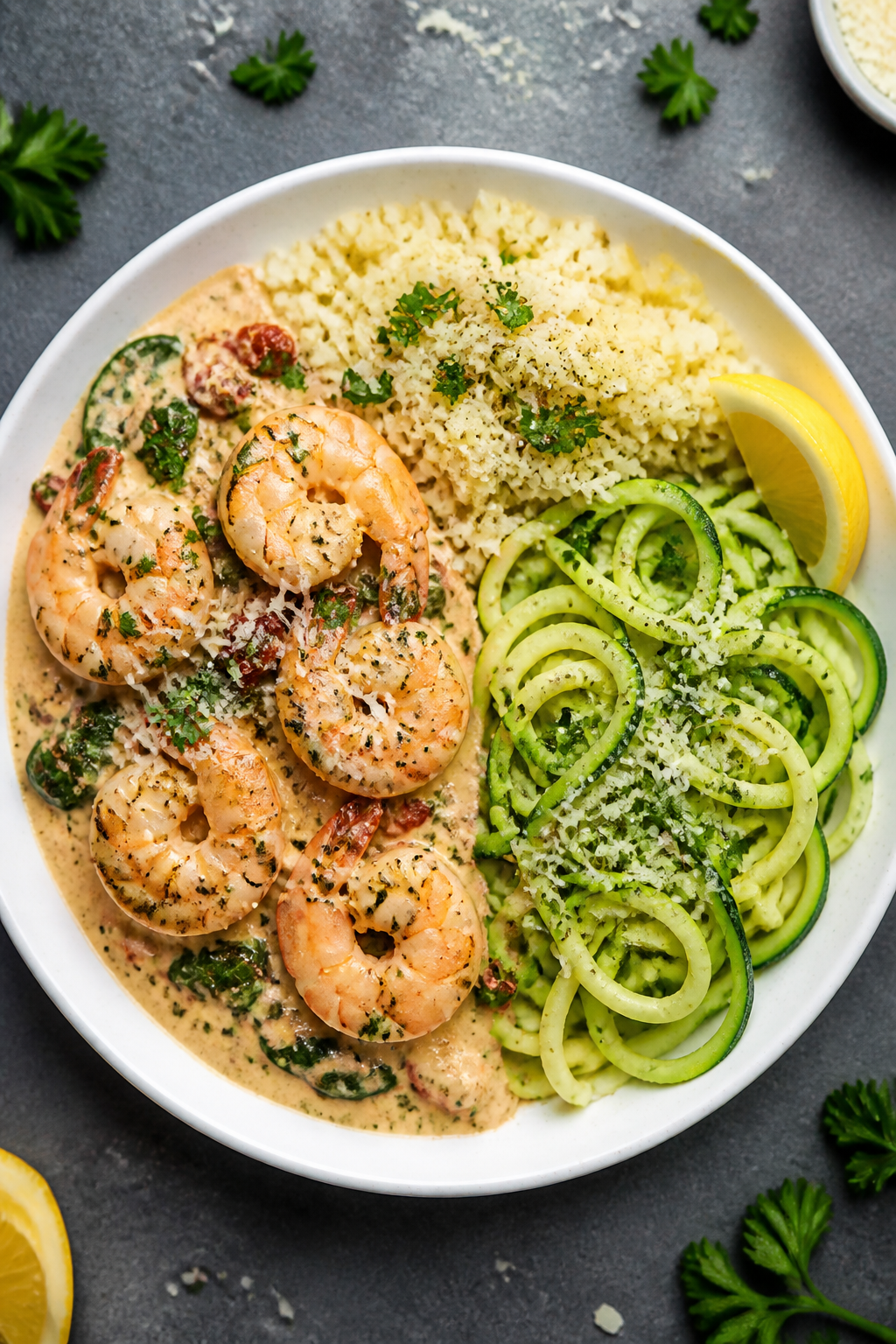 Overhead “tasty top view”: Top-down shot of Creamy Tuscan Shrimp served on cauliflower rice and 
