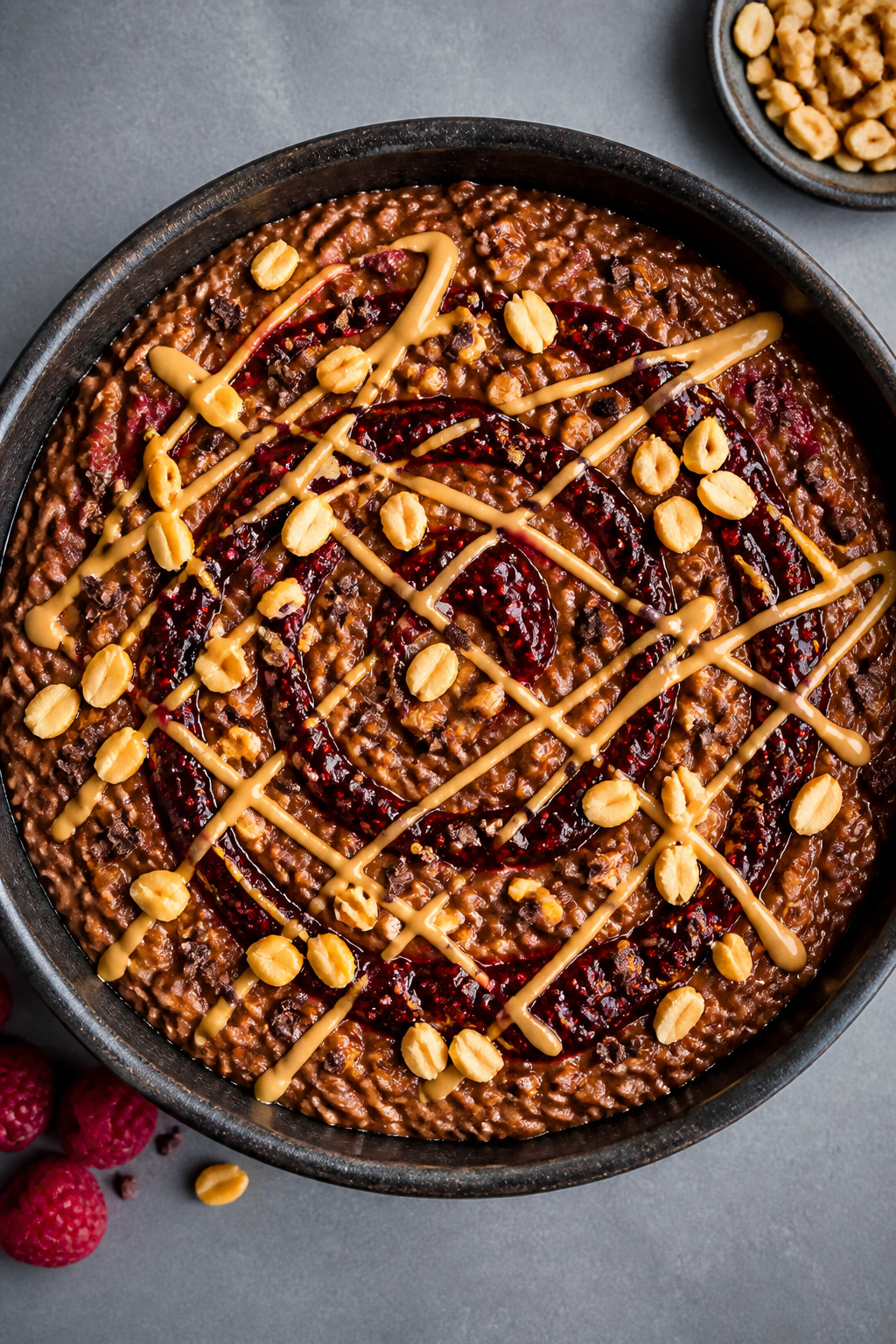 Overhead “tasty top view” variation: Chocolate PB&J version in a charcoal ceramic bowl—rich co