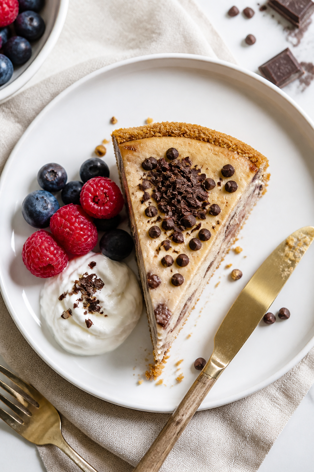 Overhead top-down shot of a single plated slice of High Protein Chocolate Chip Cheesecake on a matte