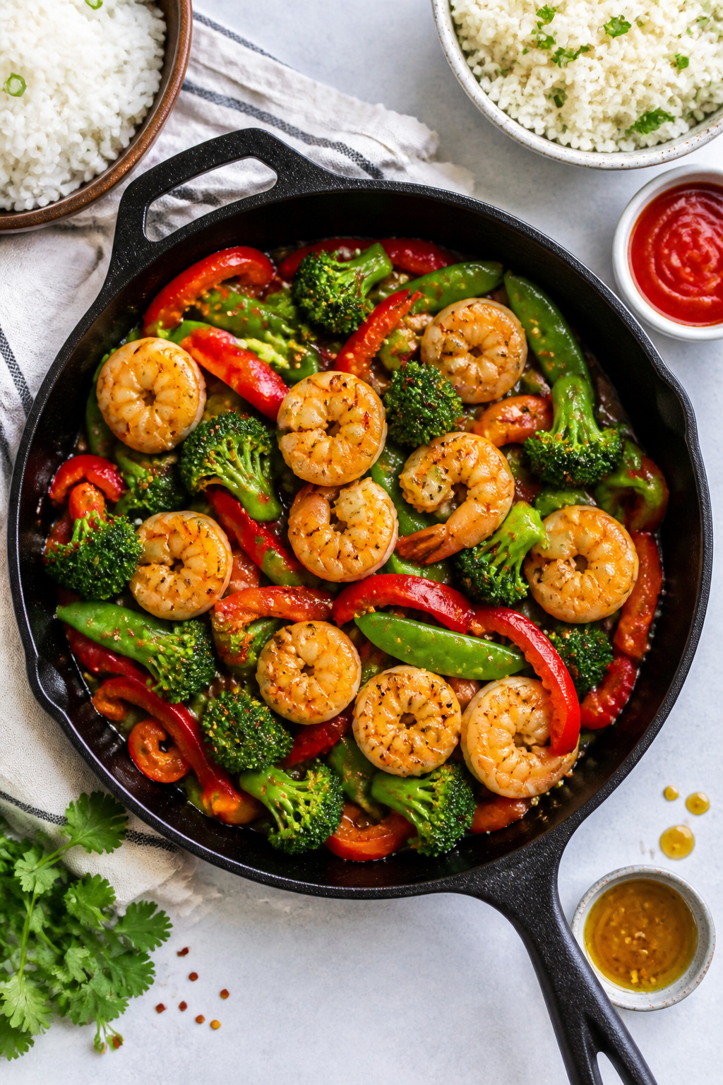 Overhead top-down shot of the finished stir fry served family-style in a black cast-iron skillet: ev