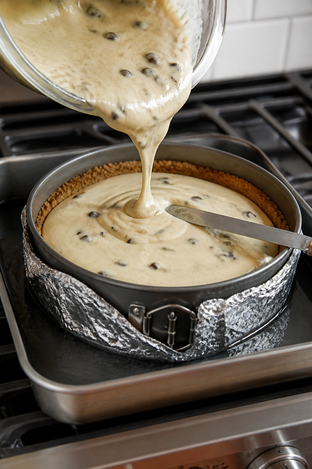 Process-action image: filling being poured into the pre-baked graham crust inside a foil-wrapped 9-i