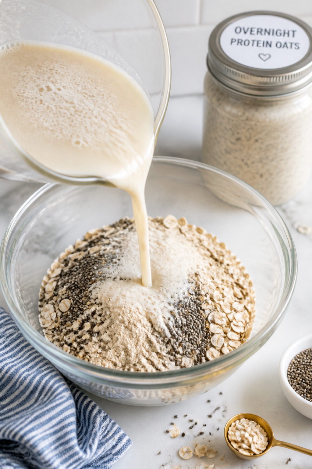 Process-in-action (no hands): The mixing stage captured mid-recipe in a clear bowl—wet mixture (al