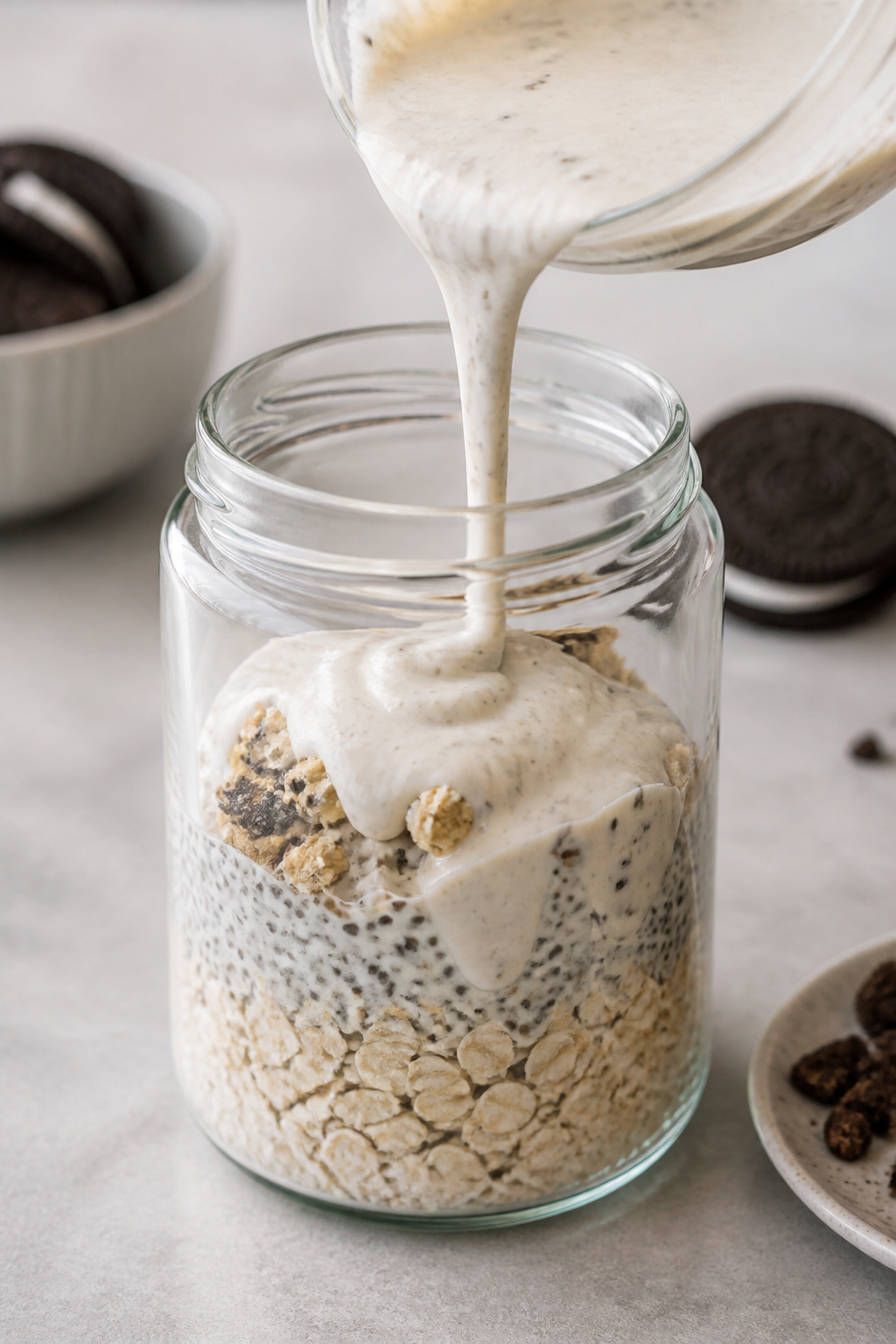 Process-in-action: The “combine” step captured mid-mix—creamy yogurt-protein blend being poure