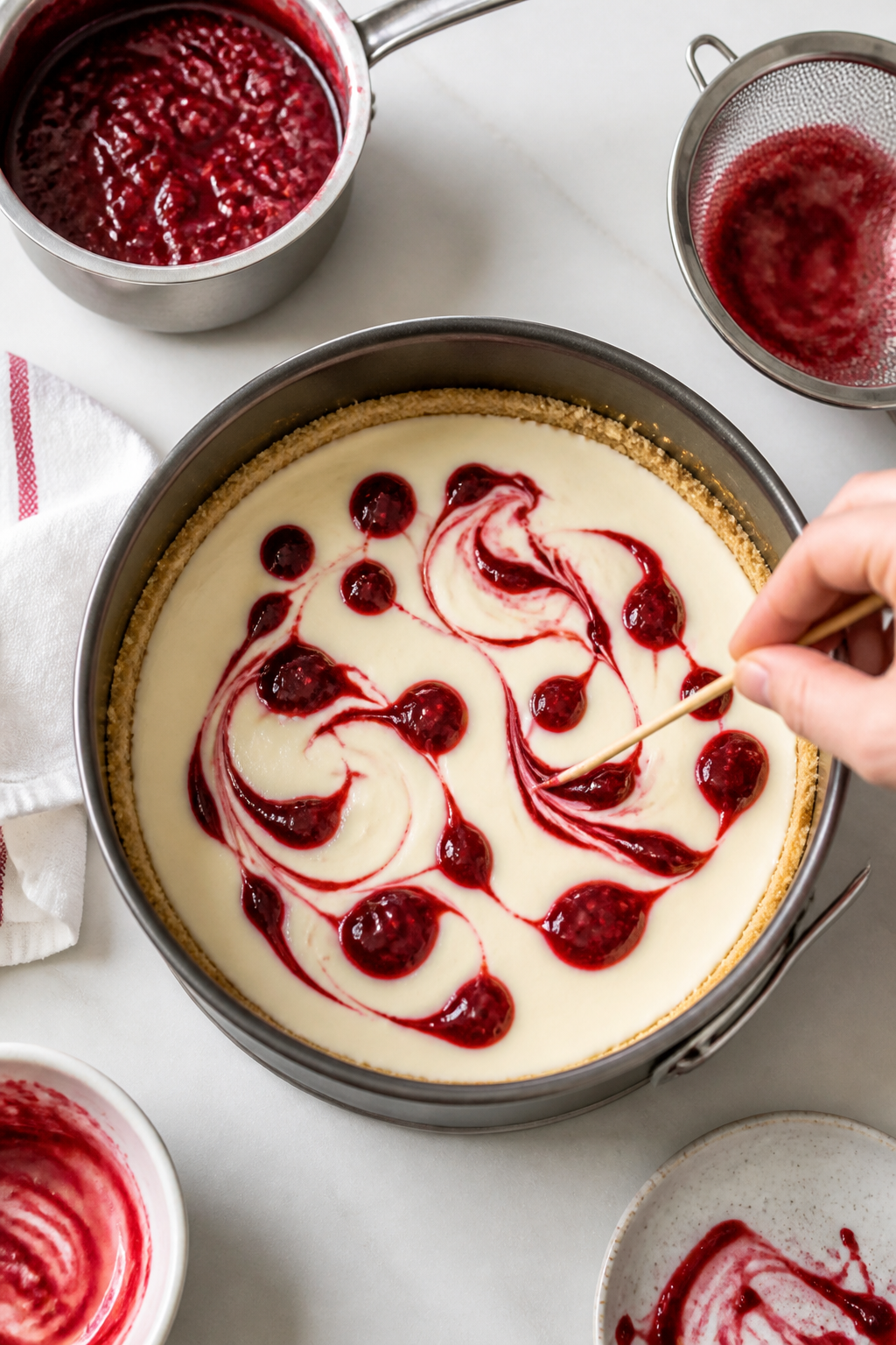Process shot: assembling the swirl—overhead view of half-filled springform pan with creamy, pourab