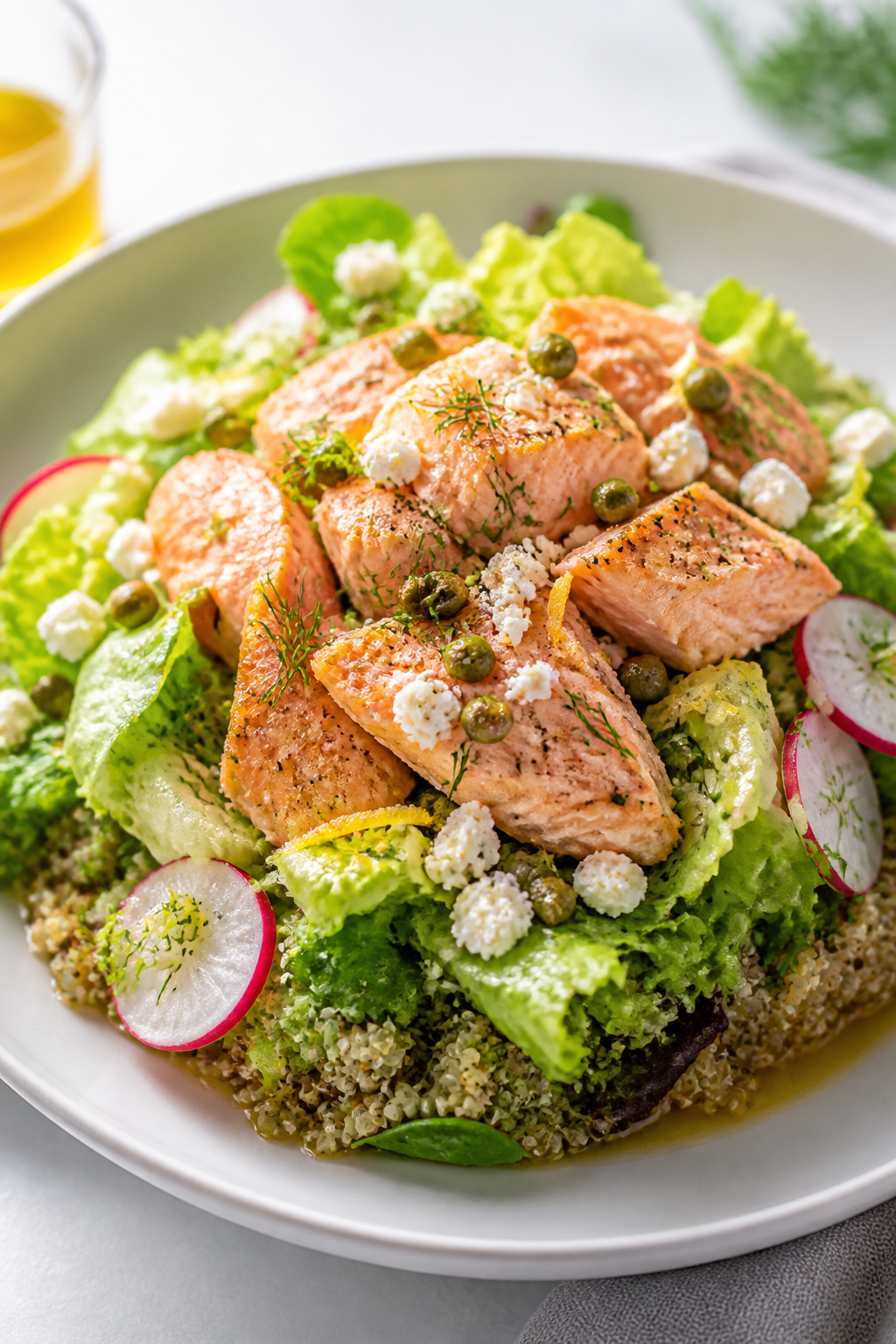 Restaurant-quality plated final dish, three-quarter angle: composed salmon salad bowl with warm quin