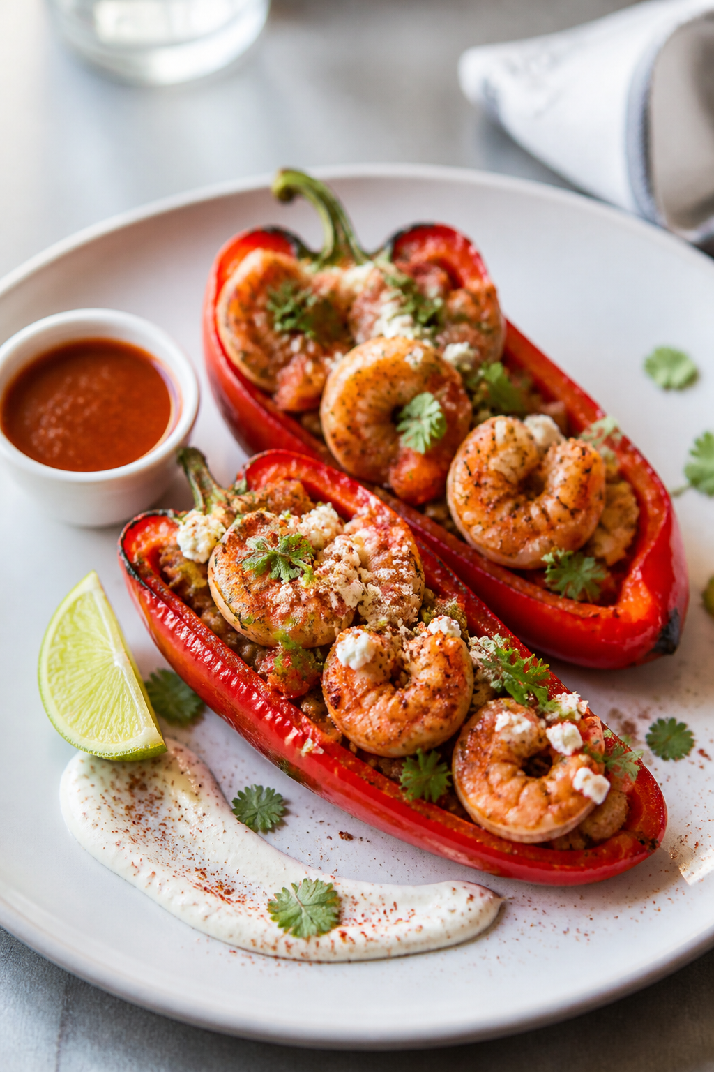 Restaurant-style plated final dish: two shrimp taco stuffed pepper halves on a wide white plate, nea