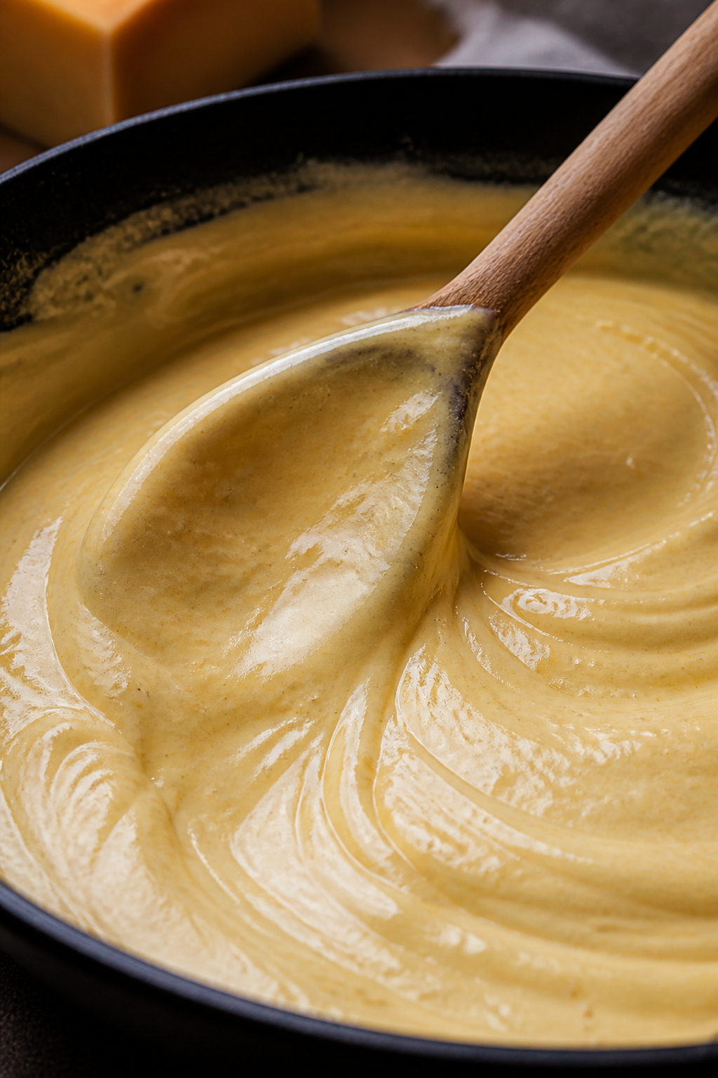 Sauce detail, macro texture: Silky, velvety cheese sauce being stirred low and slow in a skillet—g